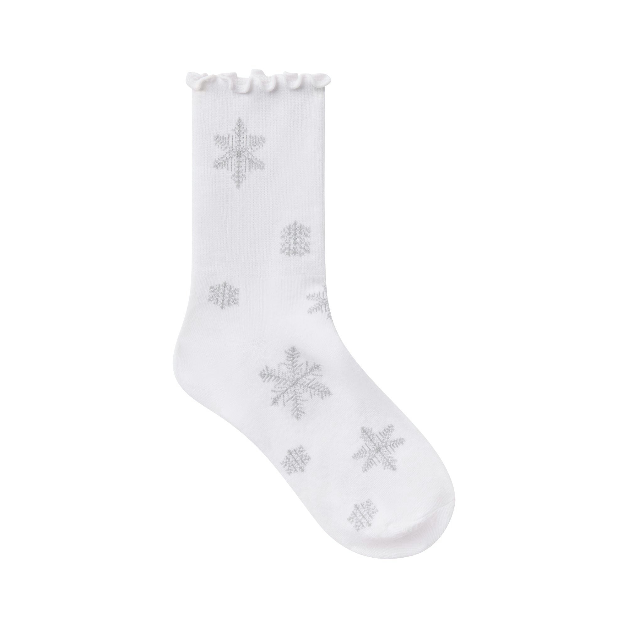 LETTUCE EDGE QUARTER CREW SOCK | SNOWFLAKE PRINT FLAT ON A WHITE BACKGROUND | FLT