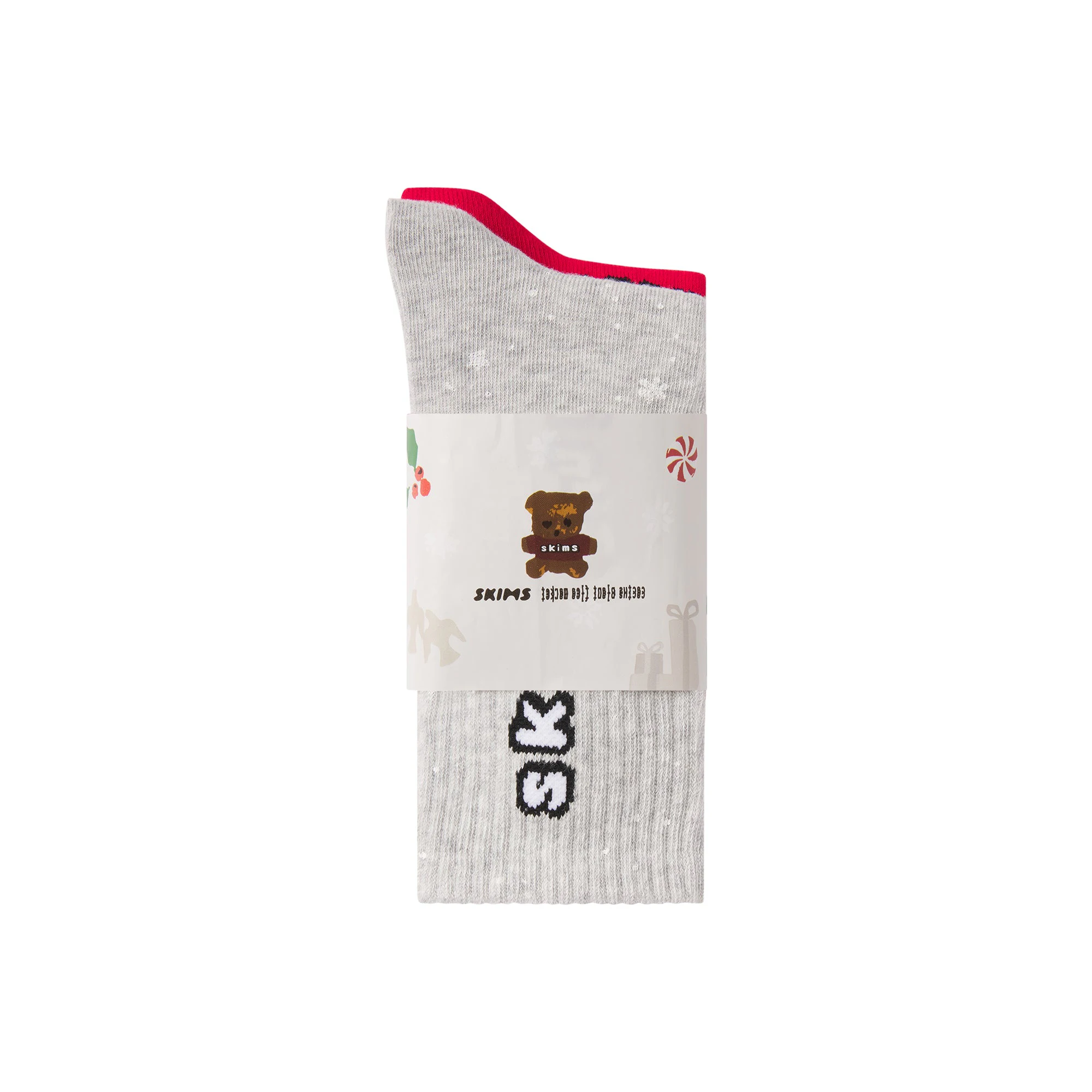 CACTUS PLANT FLEA MARKET X SKIMS RIBBED CREW SOCK 2-PACK | LIGHT HEATHER GREY AND RED FLAT ON A WHITE BACKGROUND | FLT