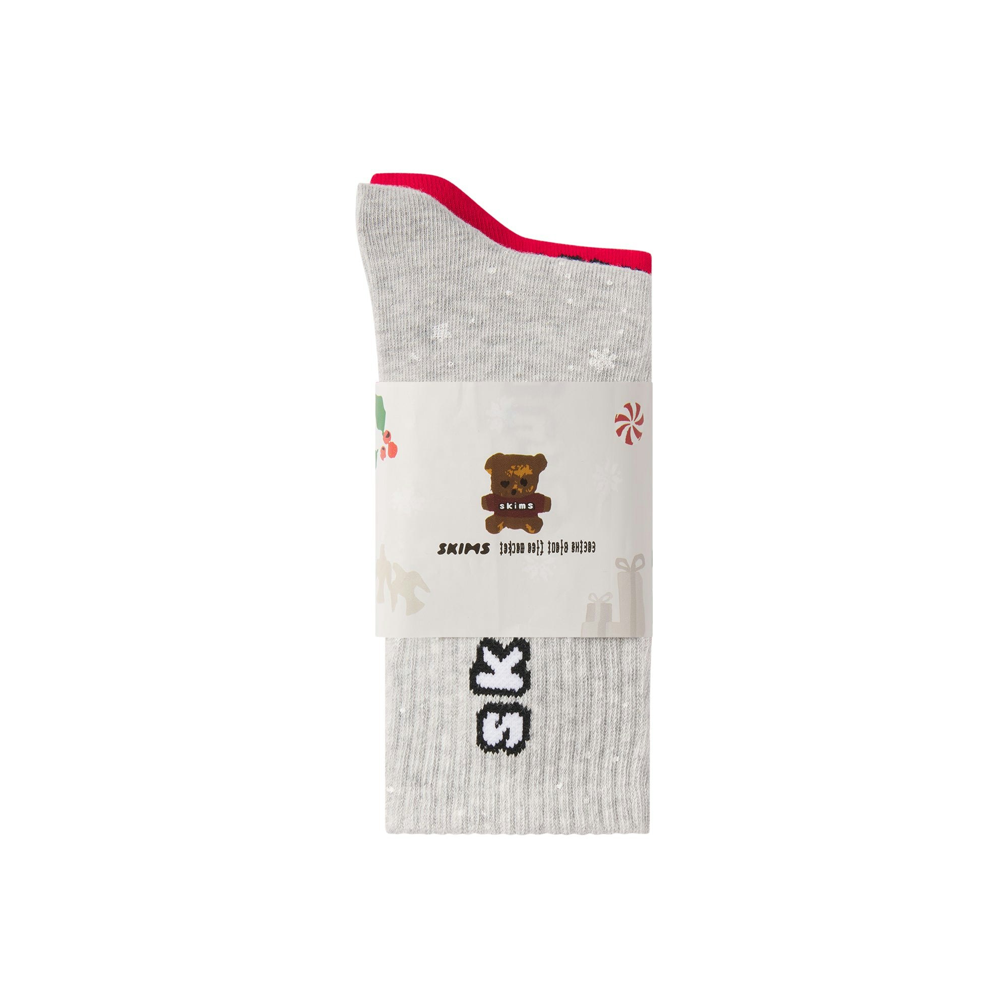 CACTUS PLANT FLEA MARKET X SKIMS RIBBED CREW SOCK 2-PACK | LIGHT HEATHER GREY AND RED FLAT ON A WHITE BACKGROUND | FLT