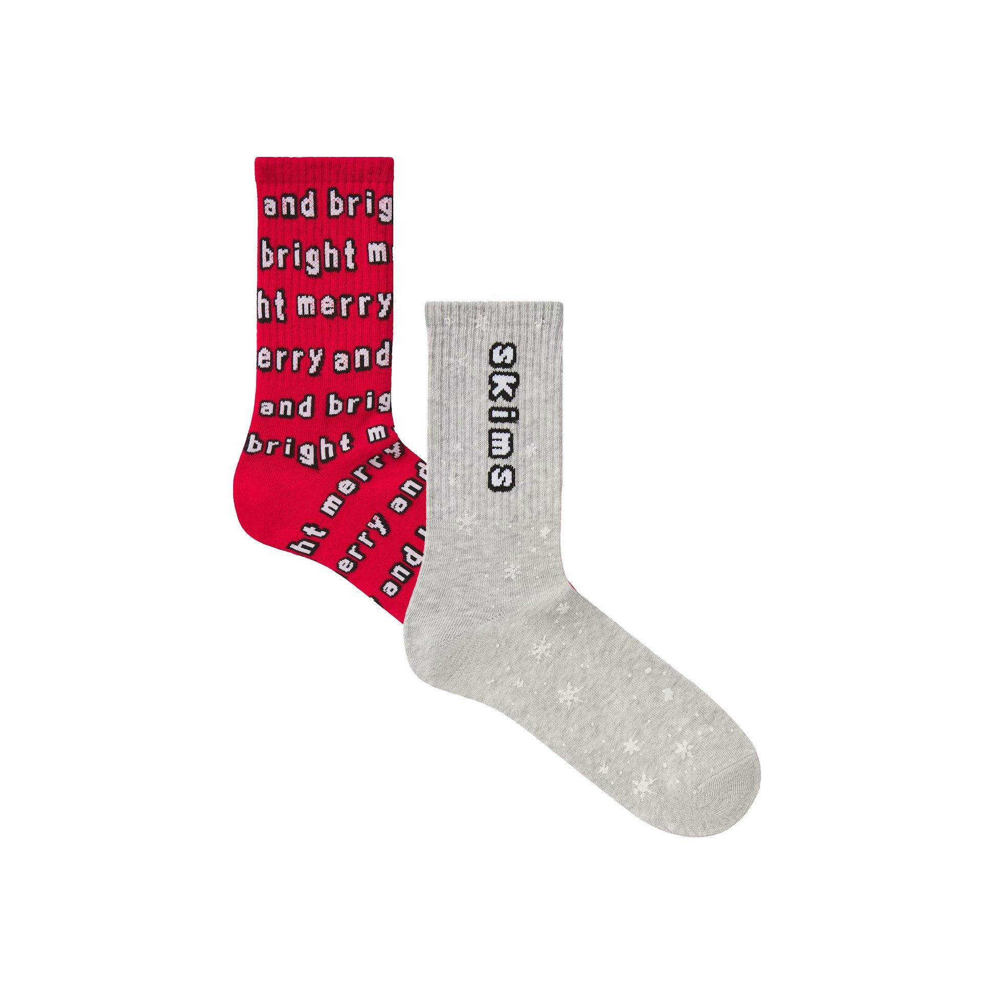 CACTUS PLANT FLEA MARKET X SKIMS RIBBED CREW SOCK 2-PACK | LIGHT HEATHER GREY AND RED FLAT ON A WHITE BACKGROUND | FLT