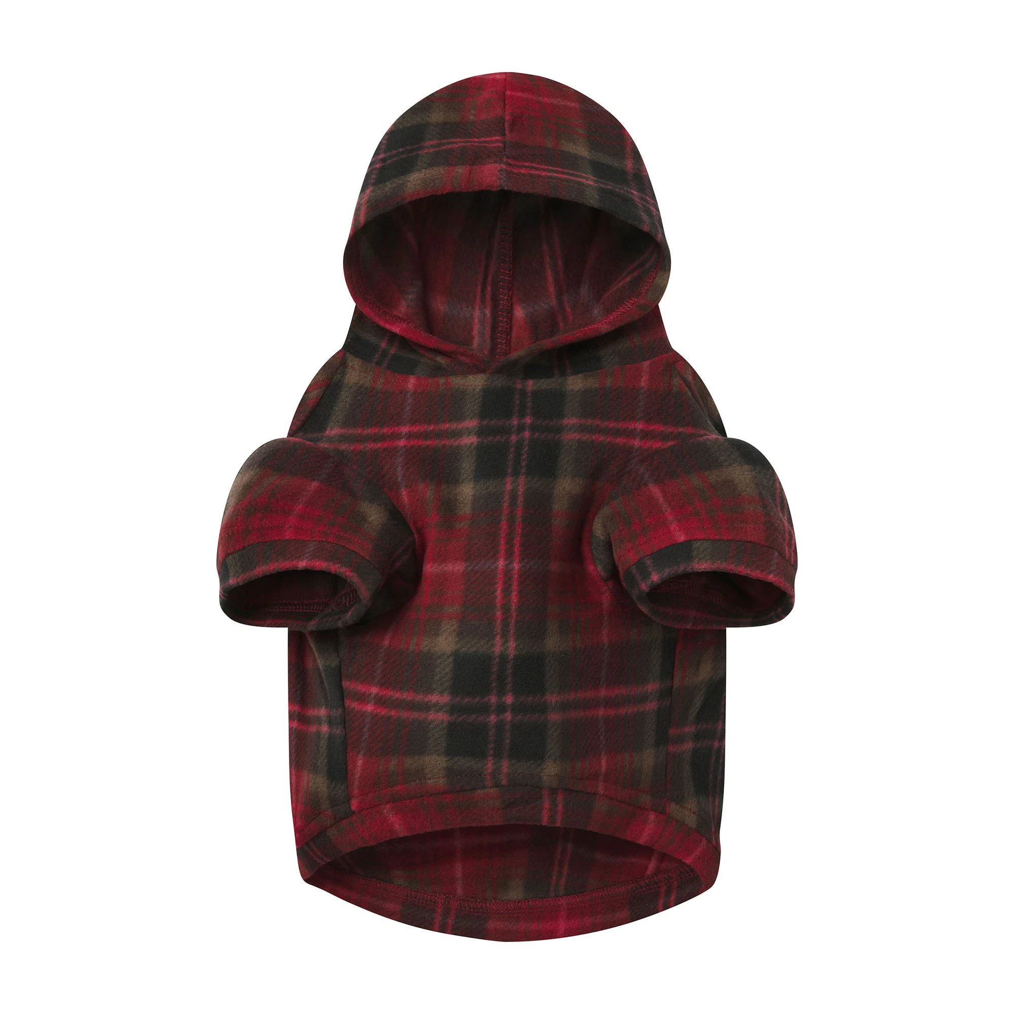 FLEECE SLEEP PET HOODIE | CRANBERRY PLAID FLAT ON A WHITE BACKGROUND | FLT