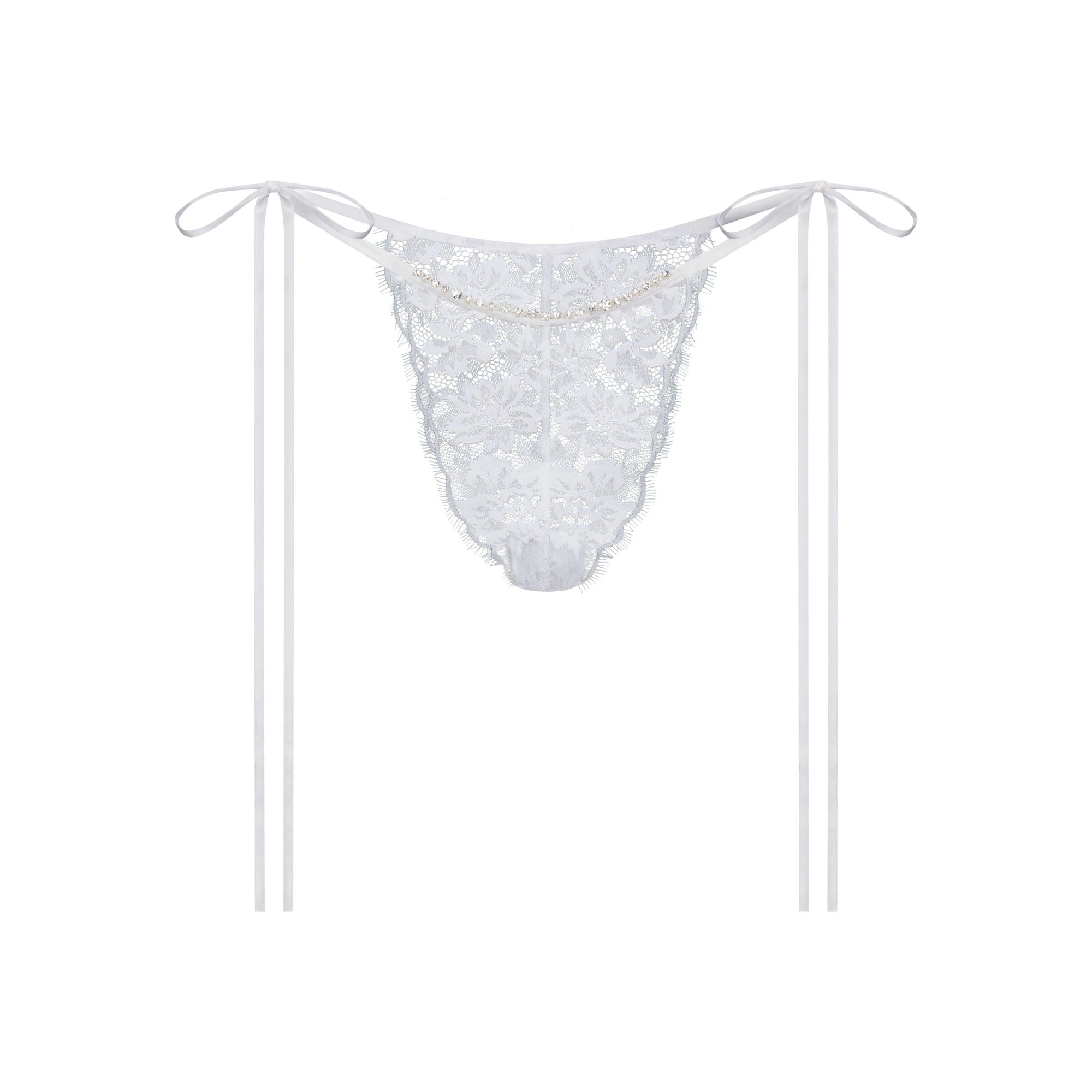 SKIMS LACE TIE SIDE TANGA | SNOW FLAT ON A WHITE BACKGROUND | FLT