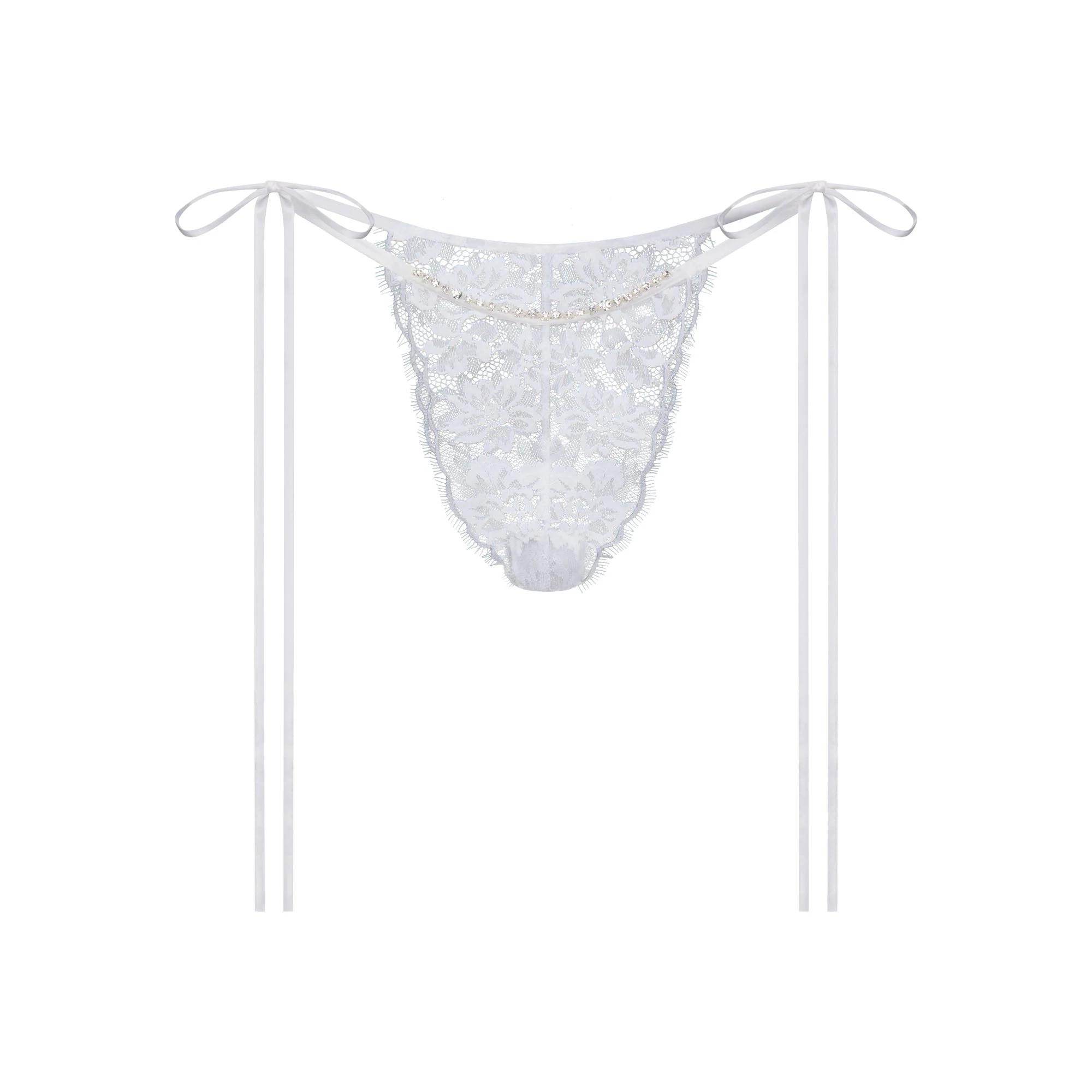 SKIMS LACE TIE SIDE TANGA | SNOW FLAT ON A WHITE BACKGROUND | FLT