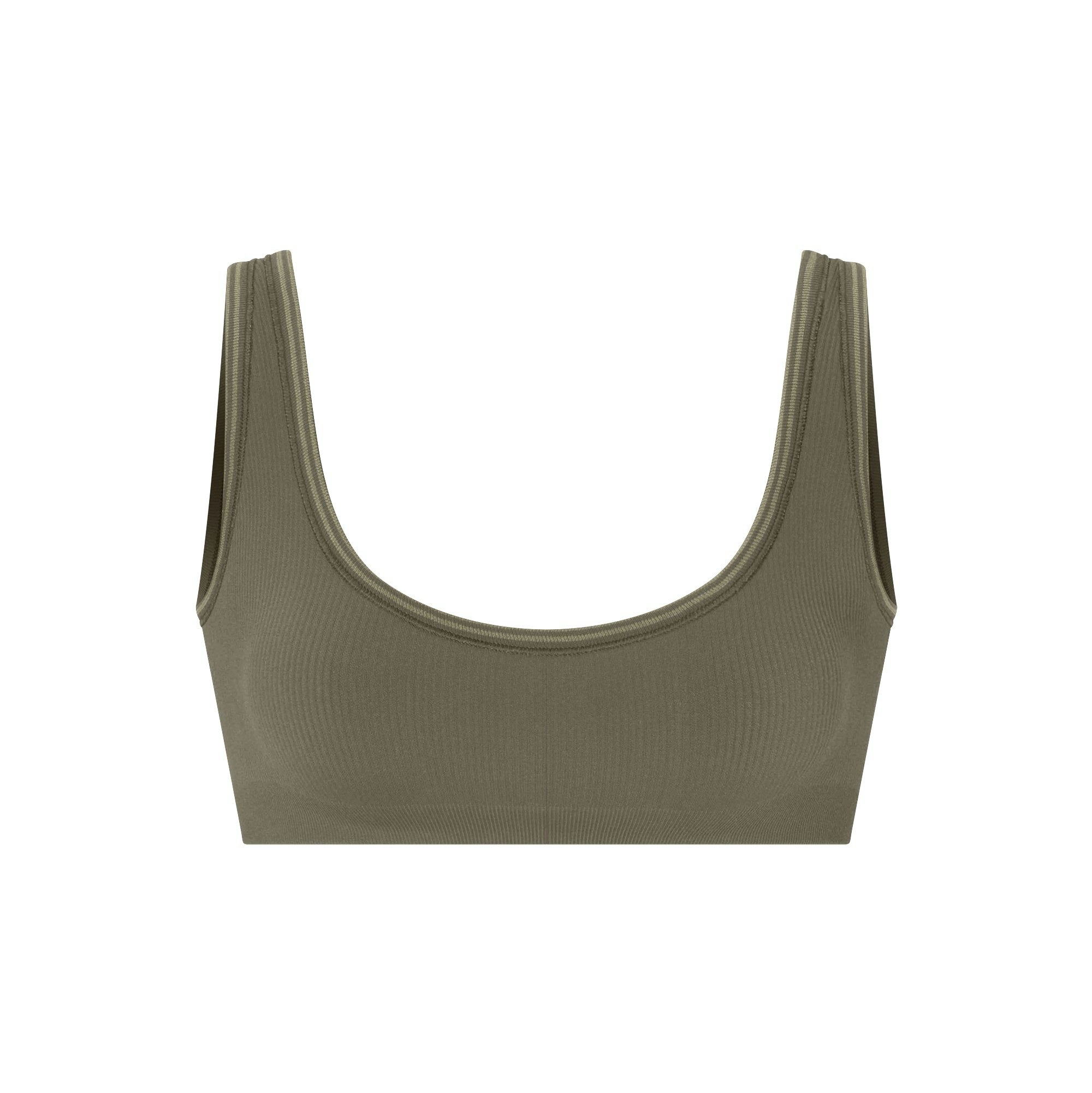 NikeSKIMS RIBBED SEAMLESS MICRO SCOOP BRA | DUSTY OAKMOSS FLAT ON A WHITE BACKGROUND | FLT