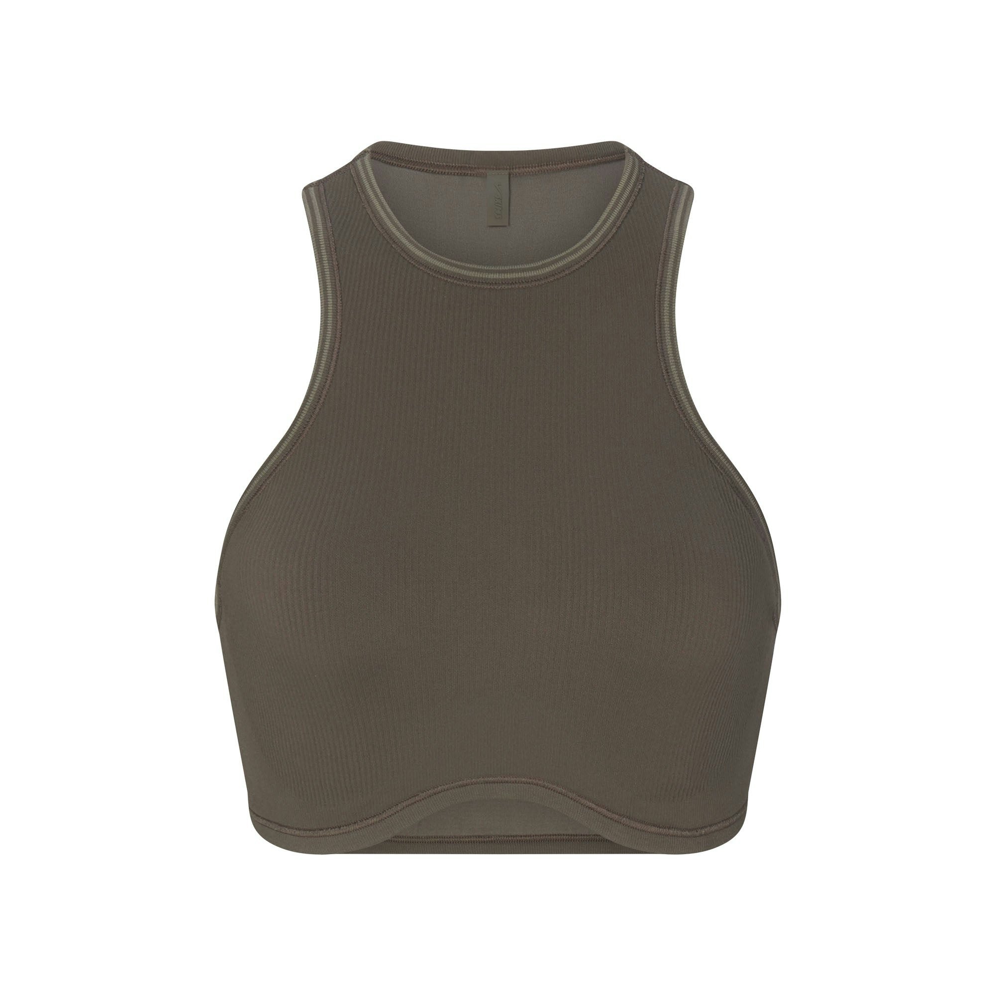 NikeSKIMS RIBBED SEAMLESS RACER FRONT BRA | DUSTY OAKMOSS/DUNE FLAT ON A WHITE BACKGROUND | FLT