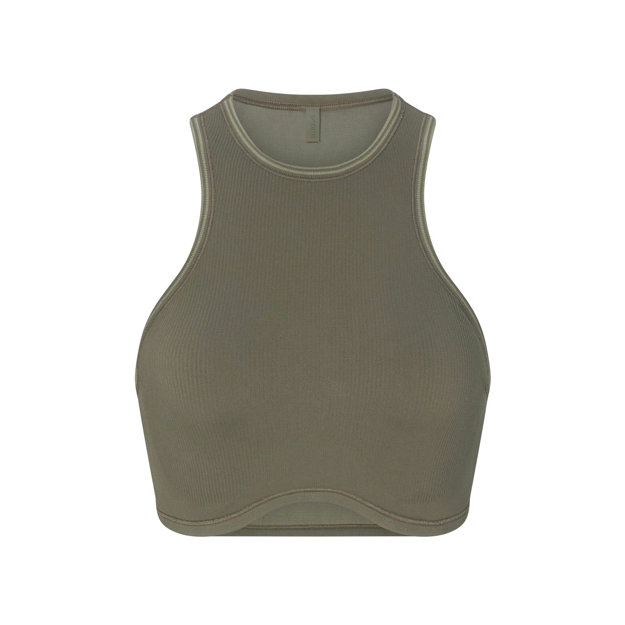 NikeSKIMS RIBBED SEAMLESS RACER FRONT BRA | DUSTY OAKMOSS FLAT ON A WHITE BACKGROUND | FLT