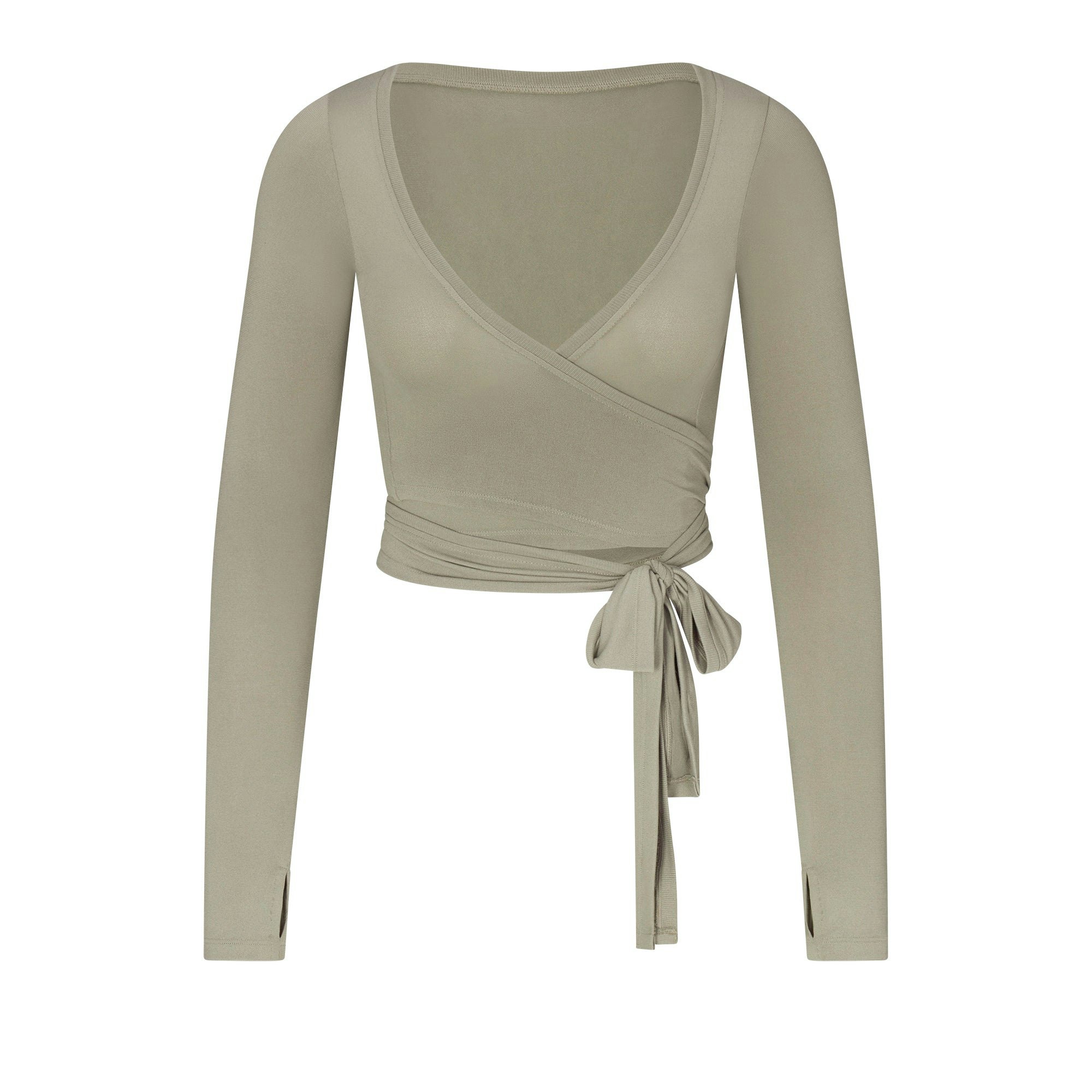 NikeSKIMS STRETCH KNIT WRAP LONG SLEEVE CROPPED TOP | DUNE FLAT ON A WHITE BACKGROUND | FLT