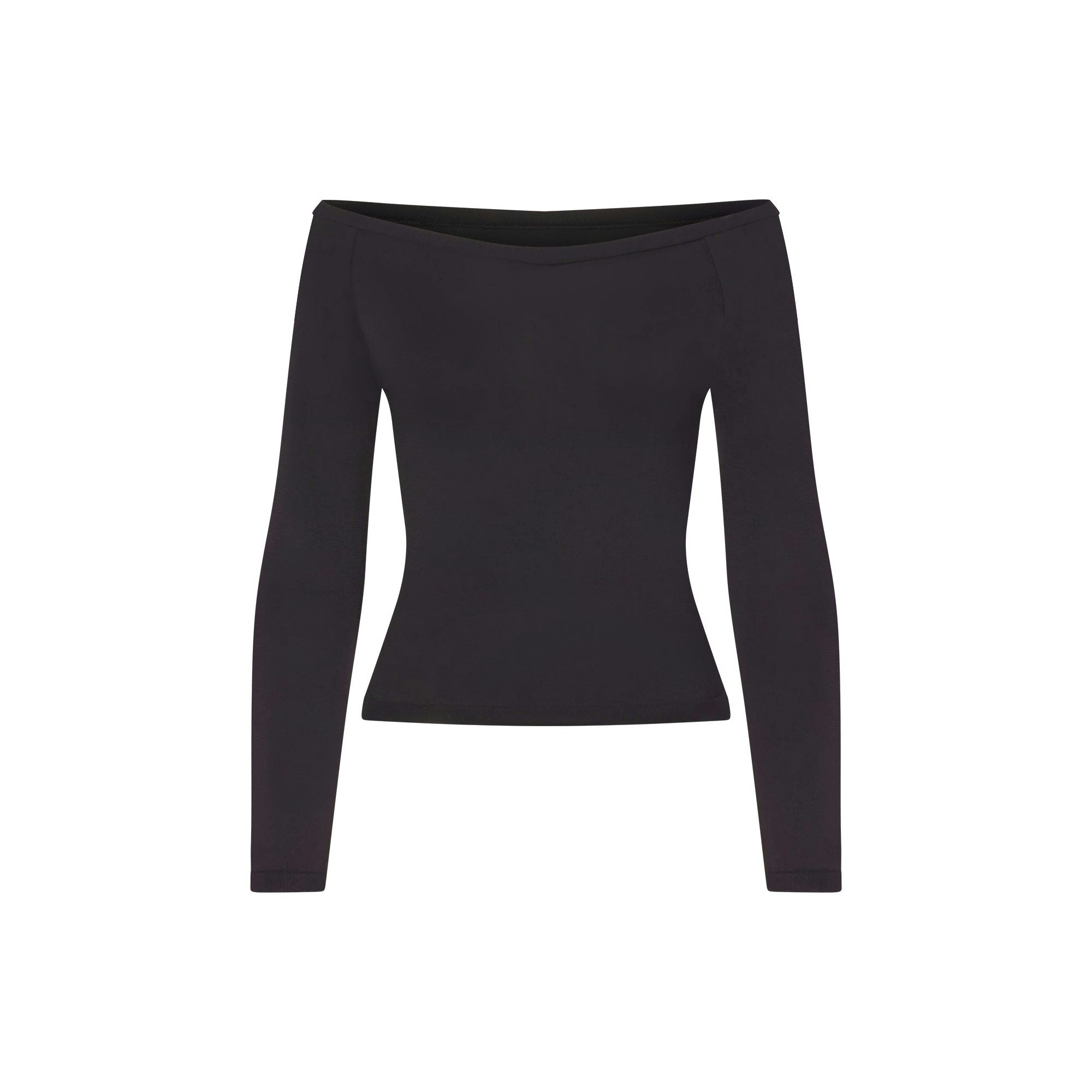 NikeSKIMS STRETCH KNIT LONG SLEEVE BOATNECK TOP | OBSIDIAN FLAT ON A WHITE BACKGROUND | FLT