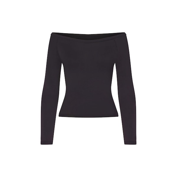 NikeSKIMS STRETCH KNIT LONG SLEEVE BOATNECK TOP | OBSIDIAN FLAT ON A WHITE BACKGROUND | FLT