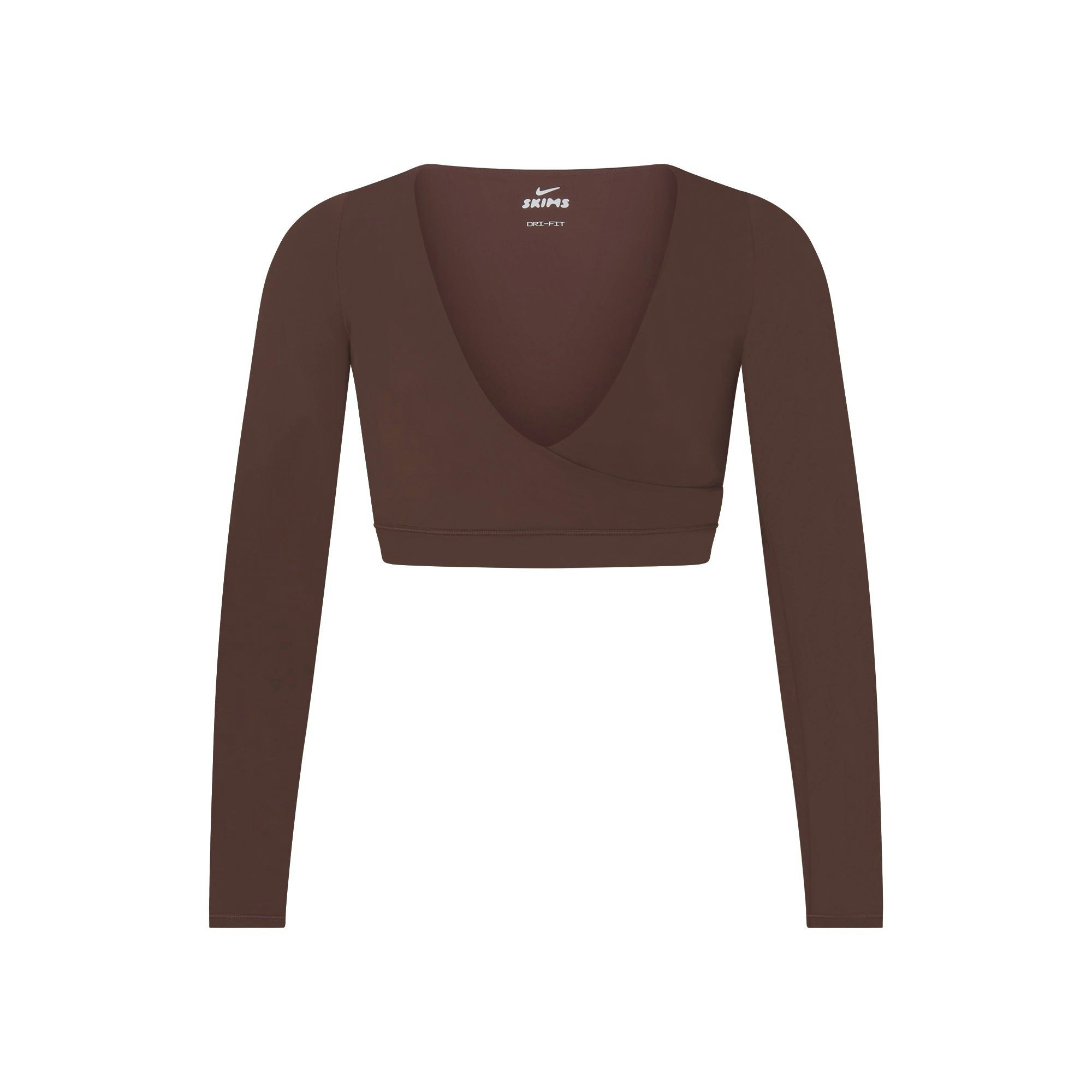NikeSKIMS MATTE WRAP LONG SLEEVE CROPPED TOP | DARK SEPIA FLAT ON A WHITE BACKGROUND | FLT