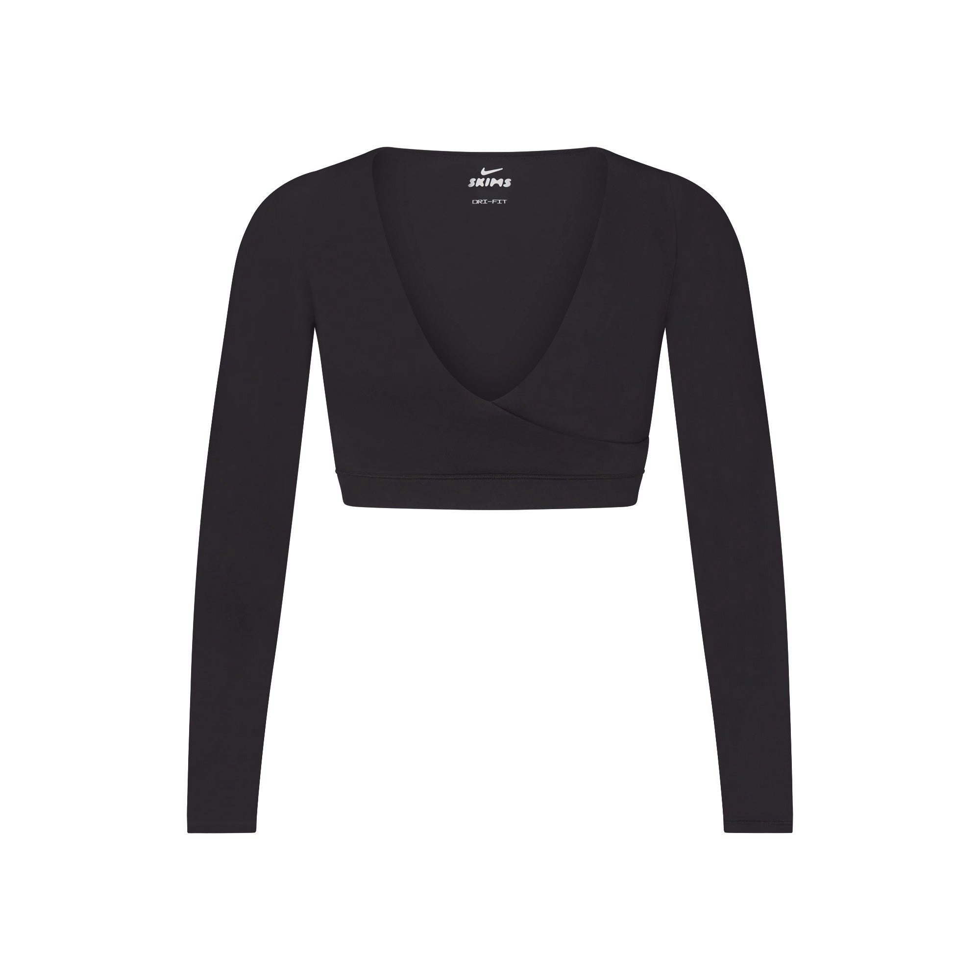 NikeSKIMS MATTE WRAP LONG SLEEVE CROPPED TOP | OBSIDIAN FLAT ON A WHITE BACKGROUND | FLT