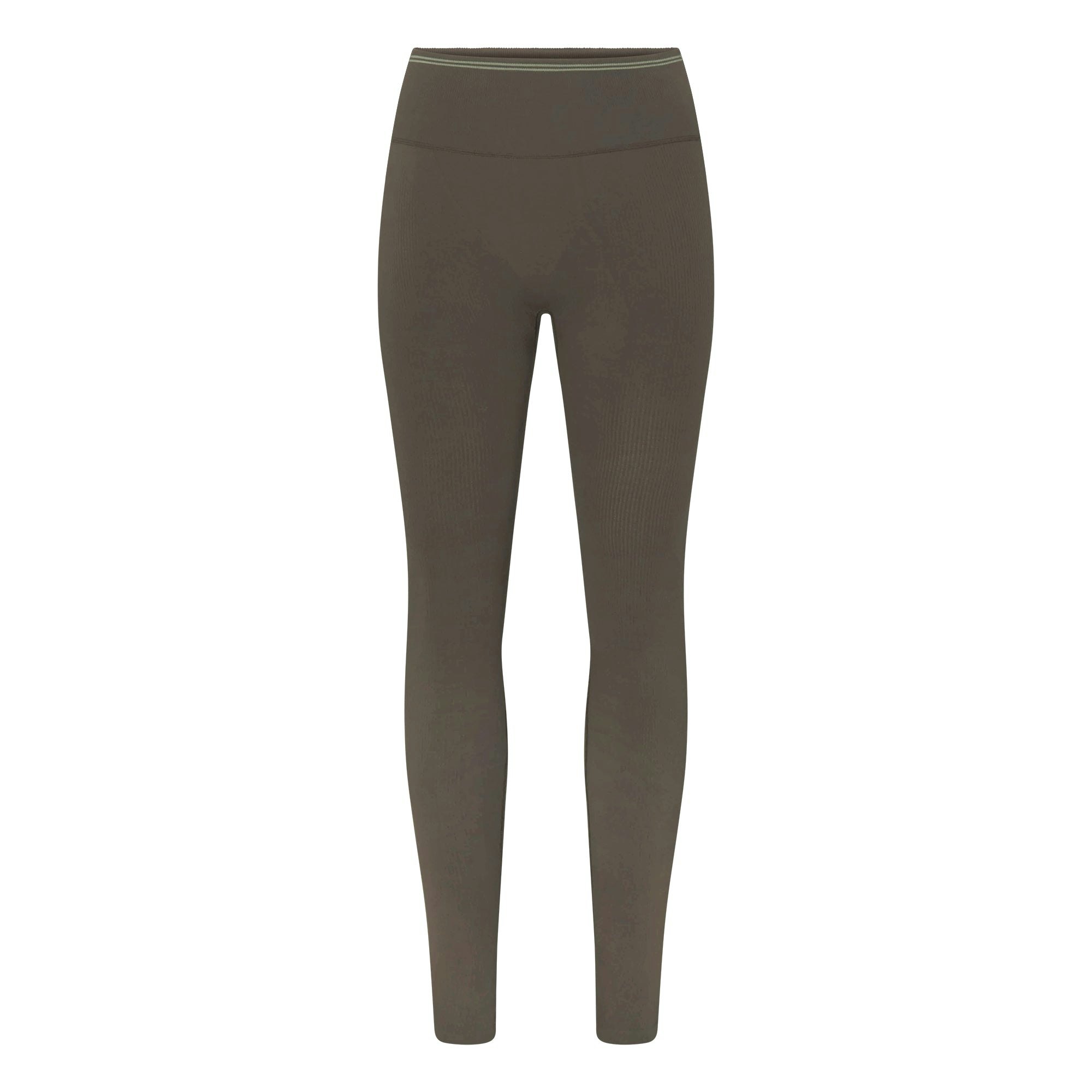 NikeSKIMS RIBBED SEAMLESS 26" LEGGING | DUSTY OAKMOSS/DUNE FLAT ON A WHITE BACKGROUND | FLT