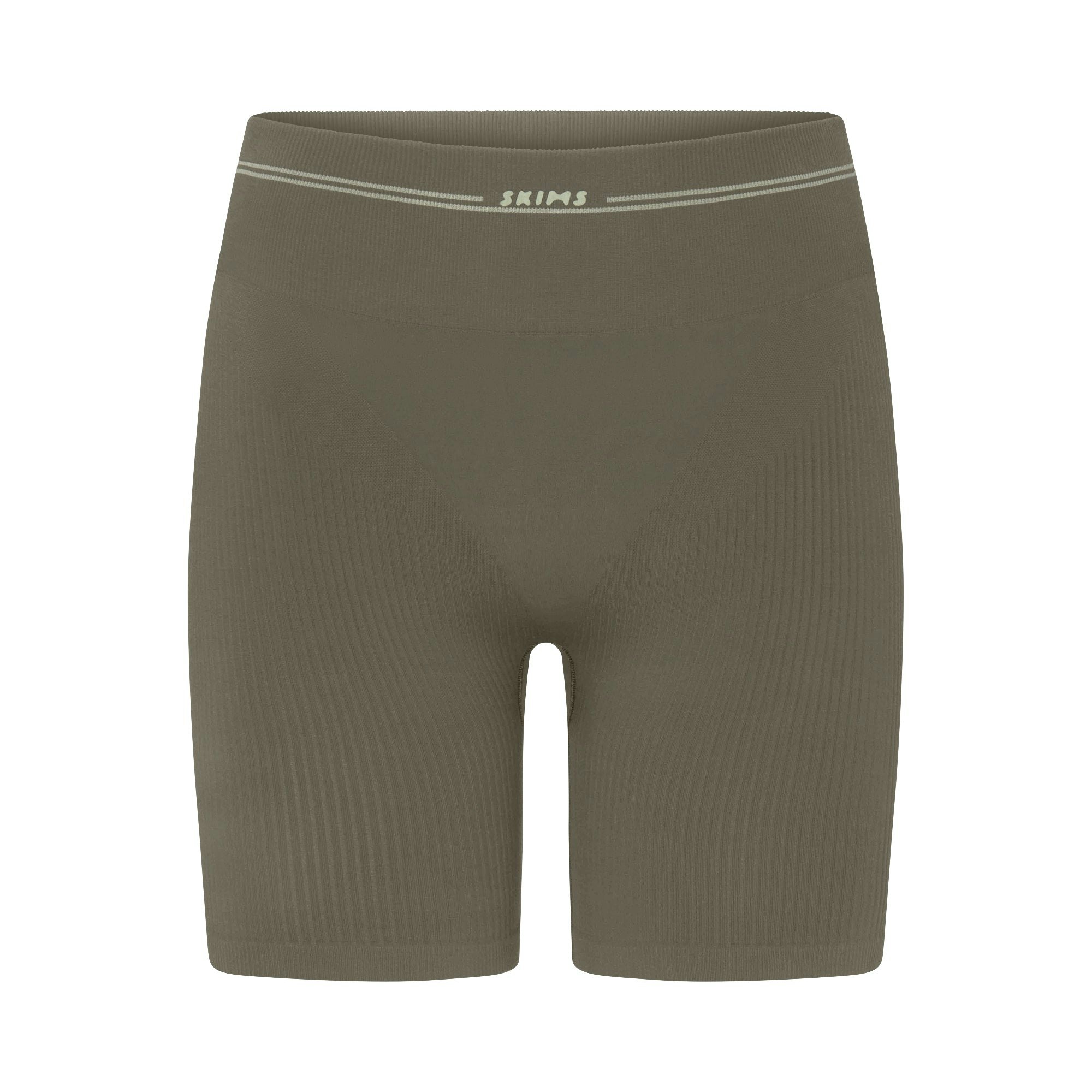 NikeSKIMS RIBBED SEAMLESS 5" BIKER SHORT | DUSTY OAKMOSS FLAT ON A WHITE BACKGROUND | FLT