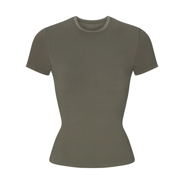 NikeSKIMS RIBBED SEAMLESS BABY TEE | DUSTY OAKMOSS FLAT ON A WHITE BACKGROUND | FLT