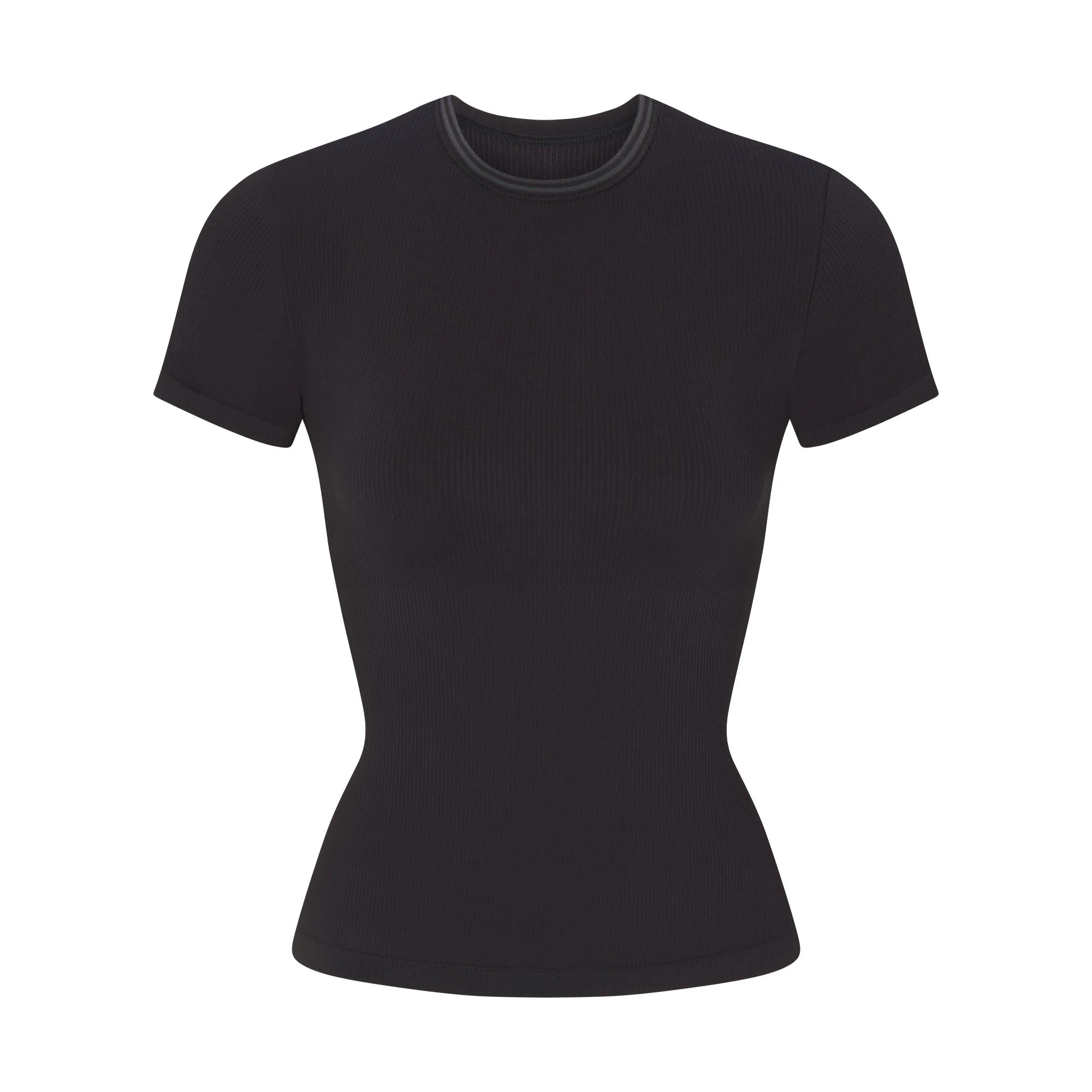 NikeSKIMS RIBBED SEAMLESS BABY TEE | OBSIDIAN/ARMOR FLAT ON A WHITE BACKGROUND | FLT