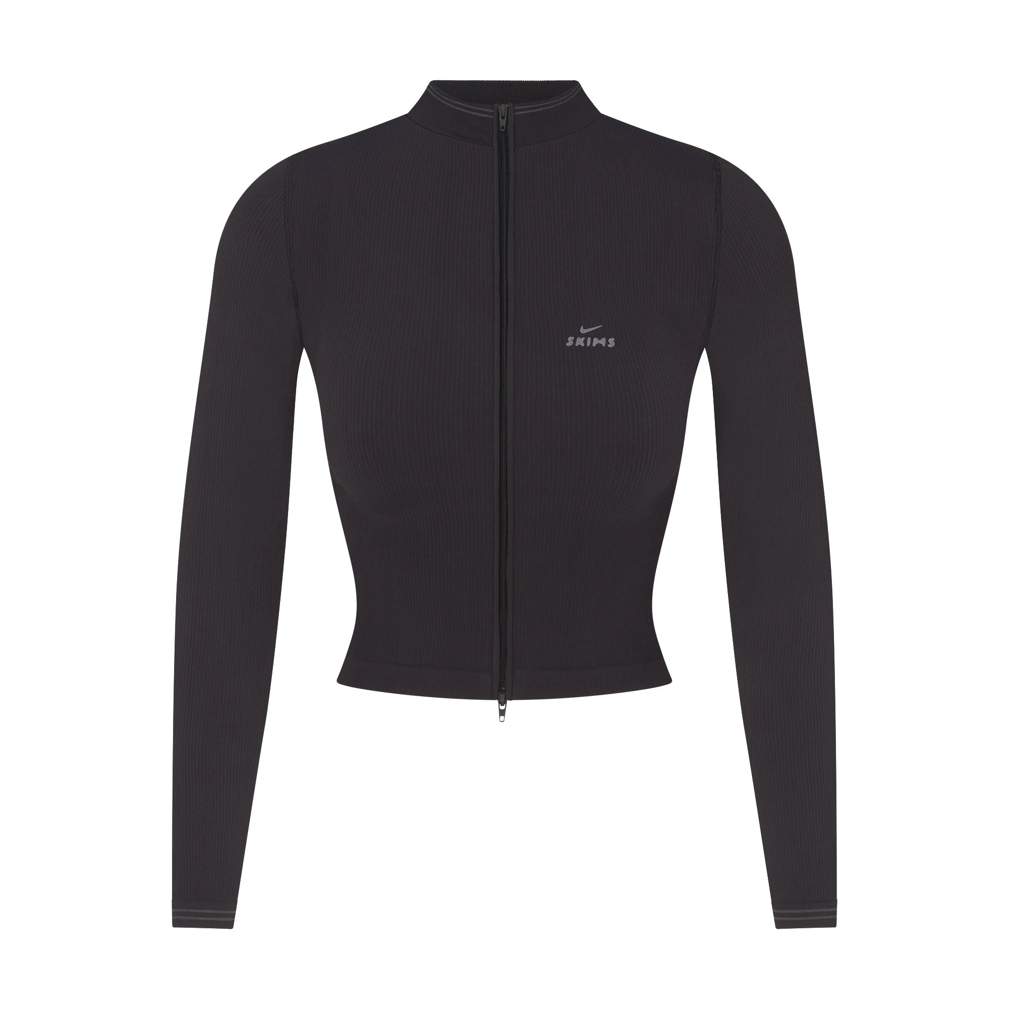 NikeSKIMS RIBBED SEAMLESS ZIP UP CROP JACKET | OBSIDIAN/ARMOR FLAT ON A WHITE BACKGROUND | FLT