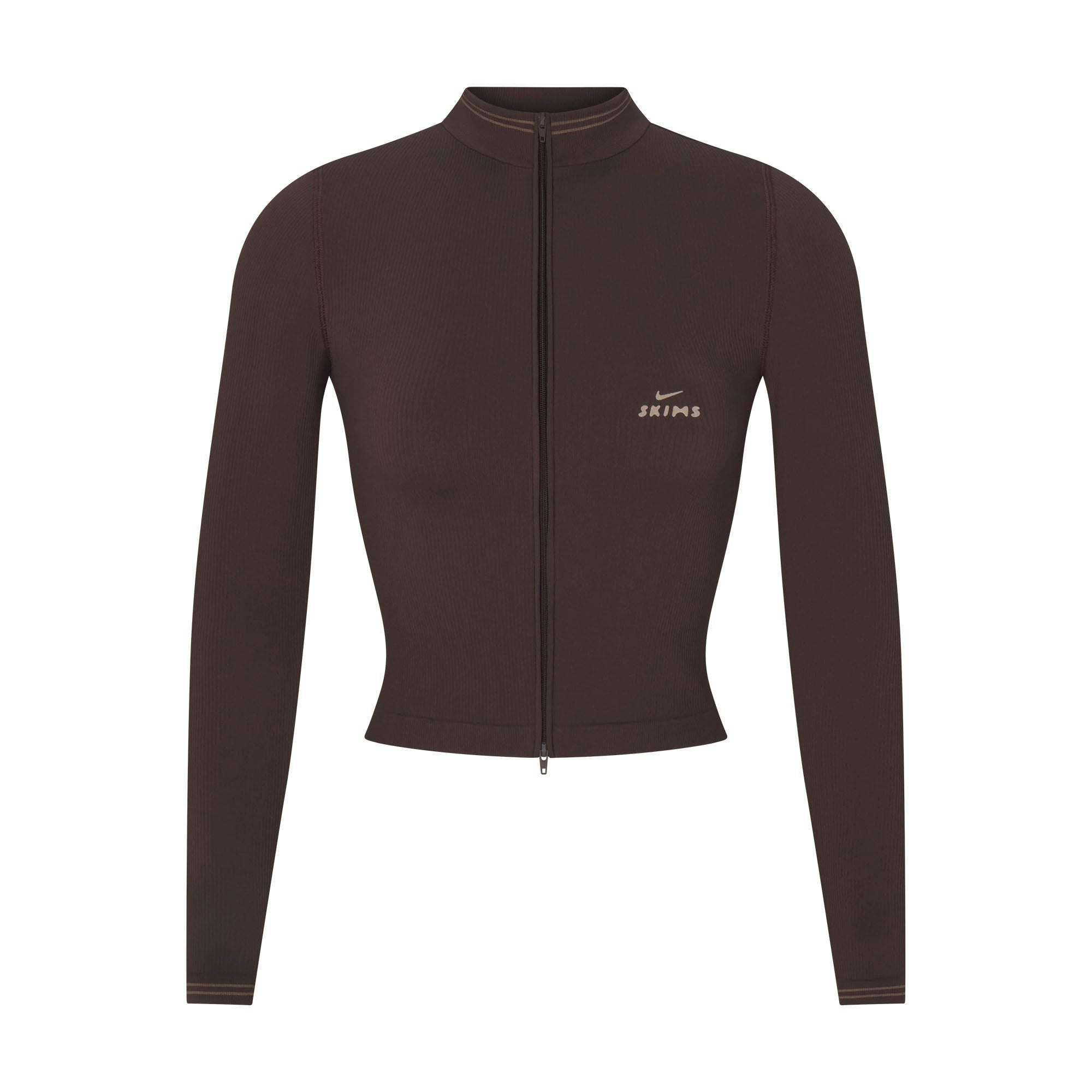 NikeSKIMS RIBBED SEAMLESS ZIP UP CROP JACKET | PHOENIX/TRUFFLE FLAT ON A WHITE BACKGROUND | FLT