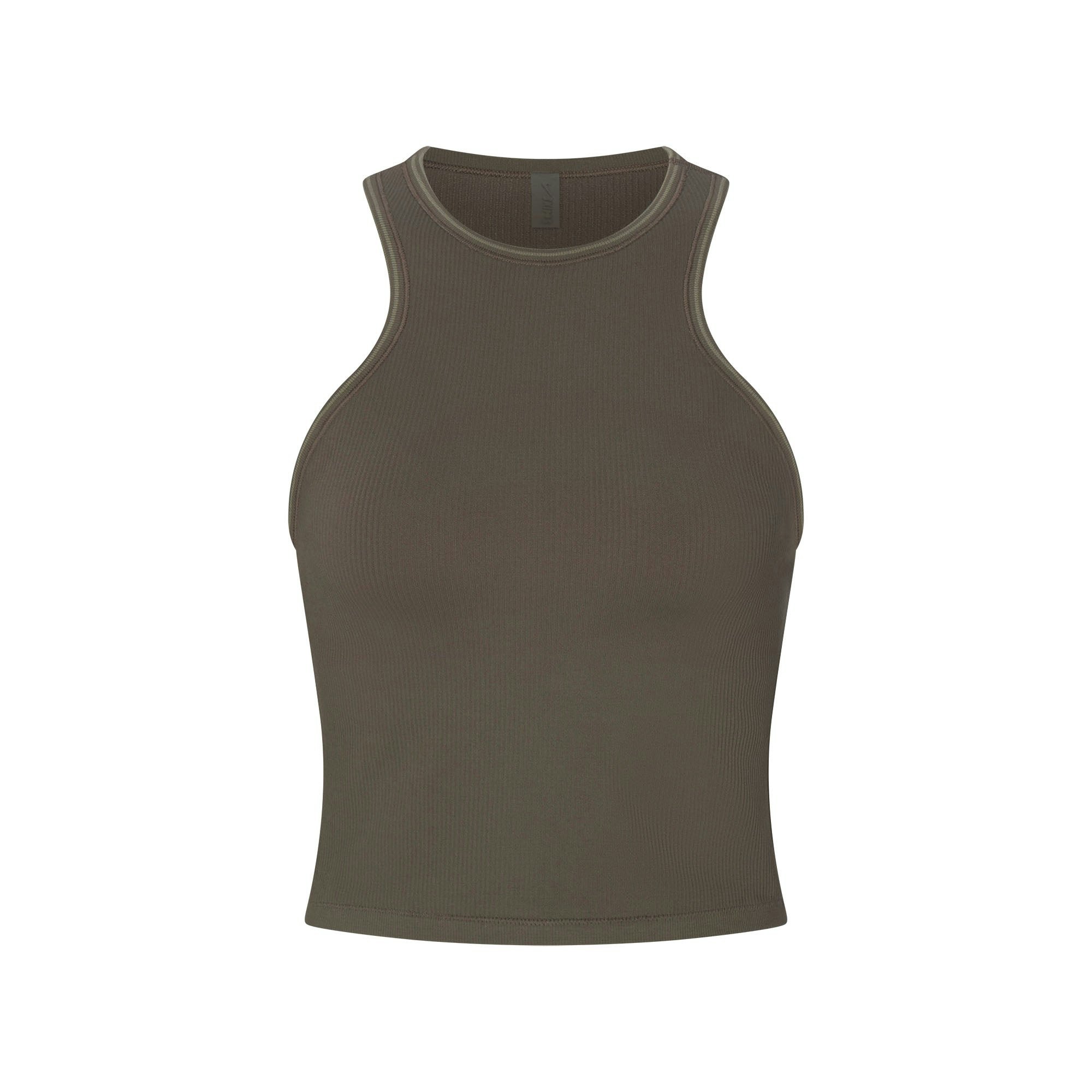 NikeSKIMS RIBBED SEAMLESS RACER FRONT TANK | DUSTY OAKMOSS/DUNE FLAT ON A WHITE BACKGROUND | FLT