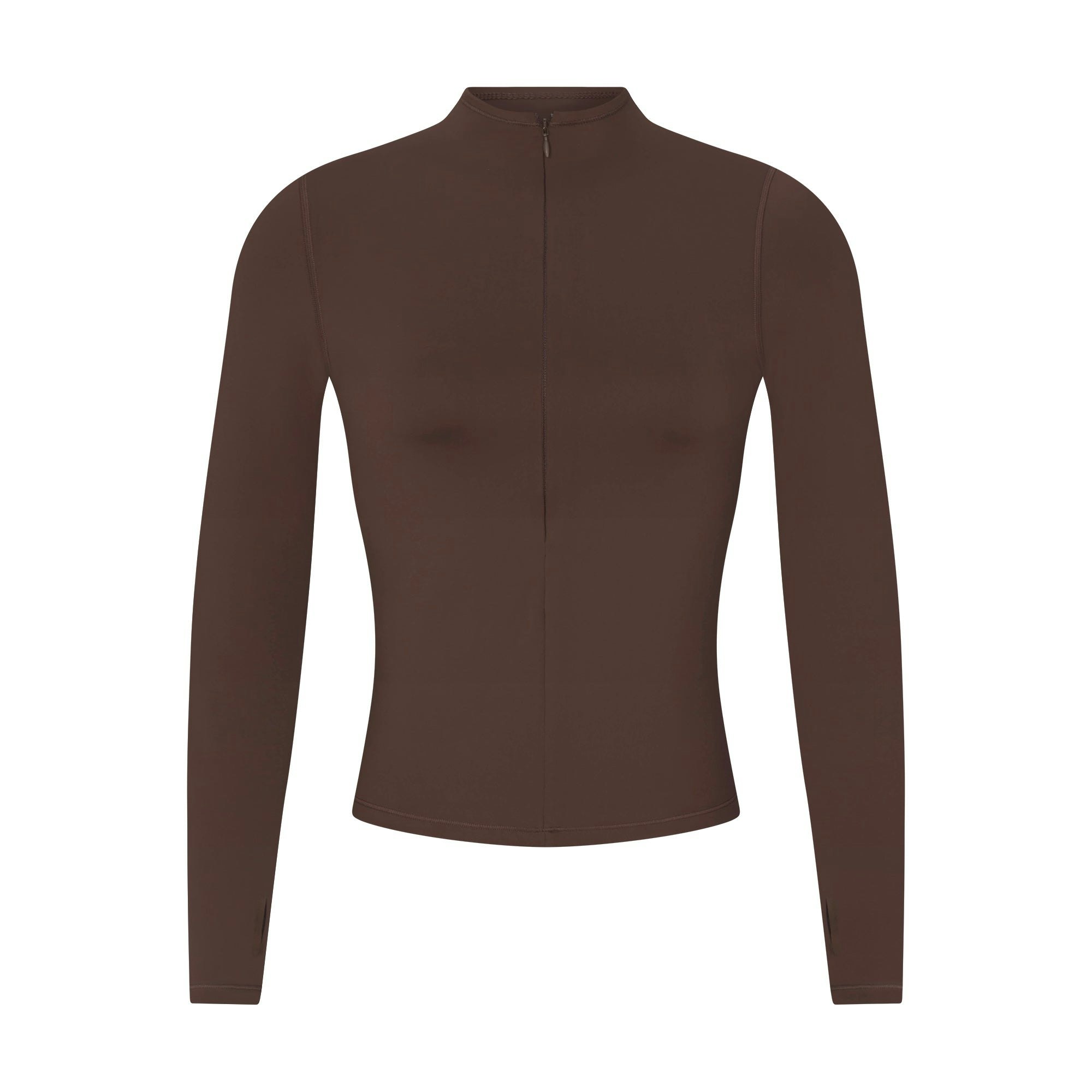 NikeSKIMS MATTE ZIP FRONT TOP | DARK SEPIA FLAT ON A WHITE BACKGROUND | FLT