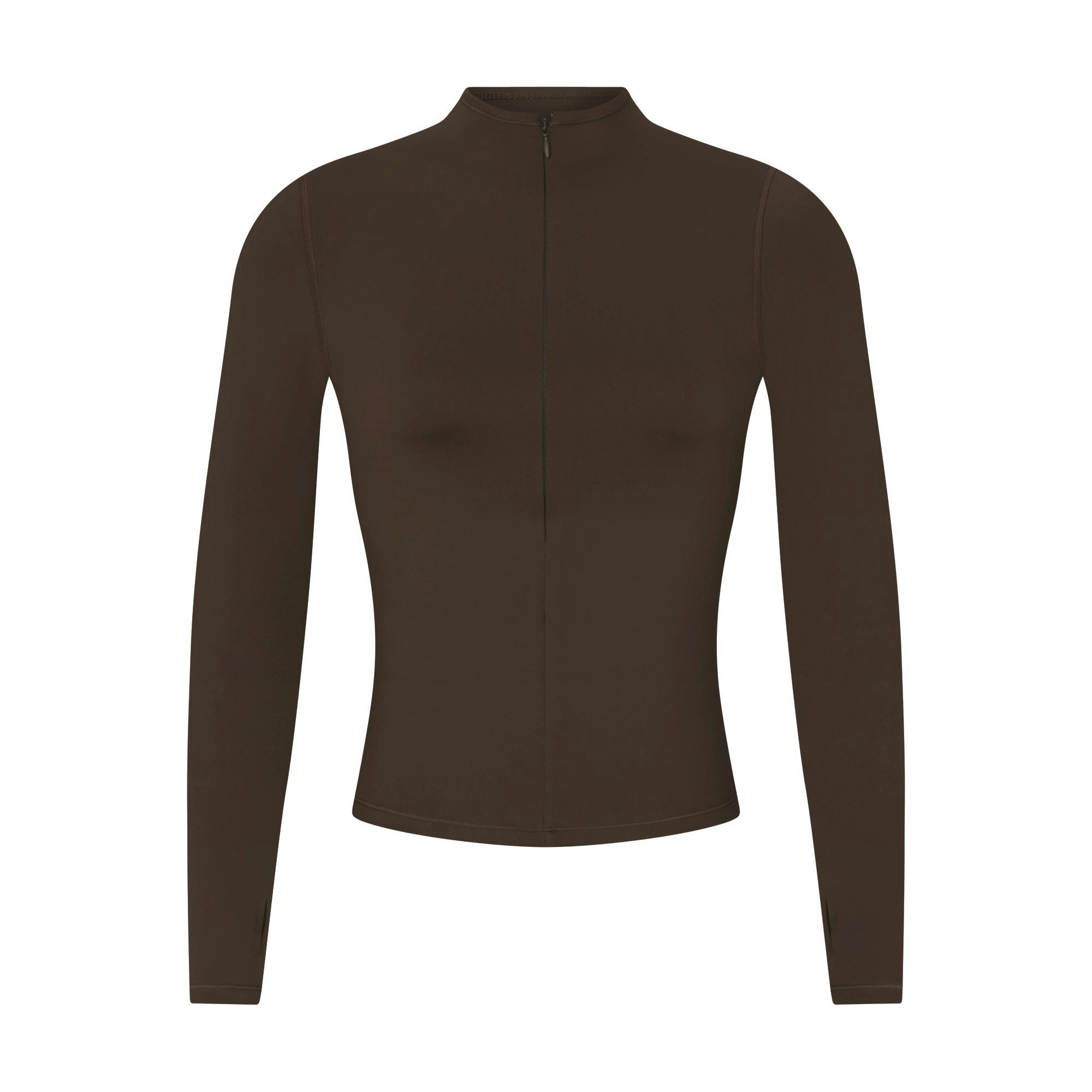 NikeSKIMS MATTE ZIP FRONT TOP | DARK SEPIA FLAT ON A WHITE BACKGROUND | FLT