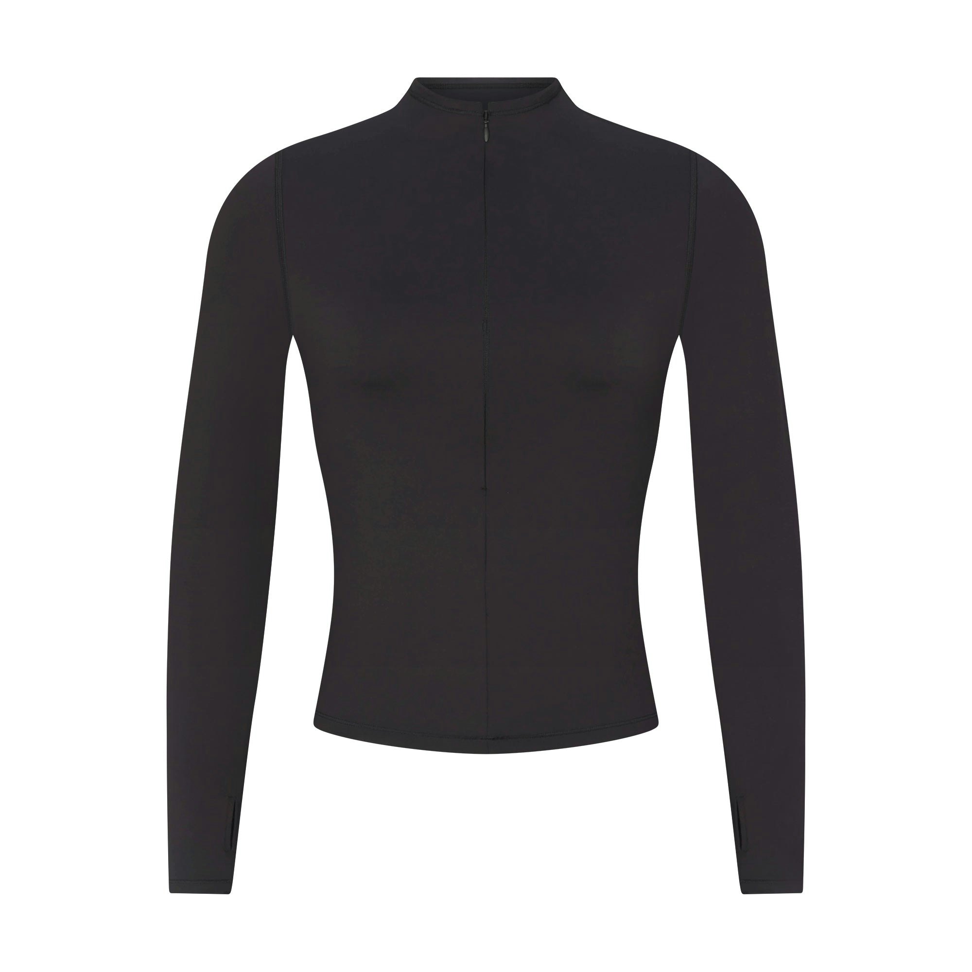 NikeSKIMS MATTE ZIP FRONT TOP | OBSIDIAN FLAT ON A WHITE BACKGROUND | FLT