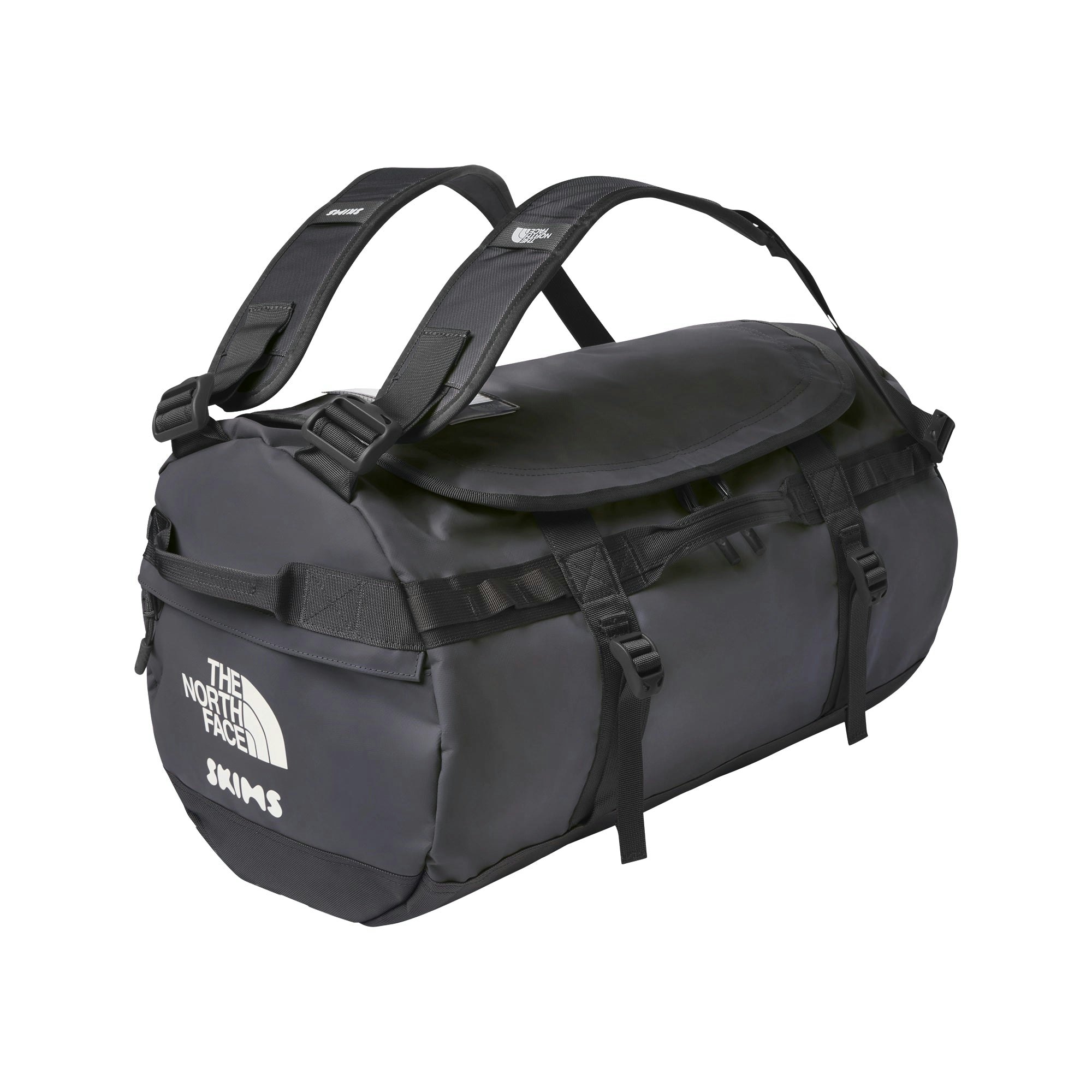 THE NORTH FACE X SKIMS SMALL BASE CAMP DUFFLE BAG | GUNMETAL FLAT ON A WHITE BACKGROUND | FLT