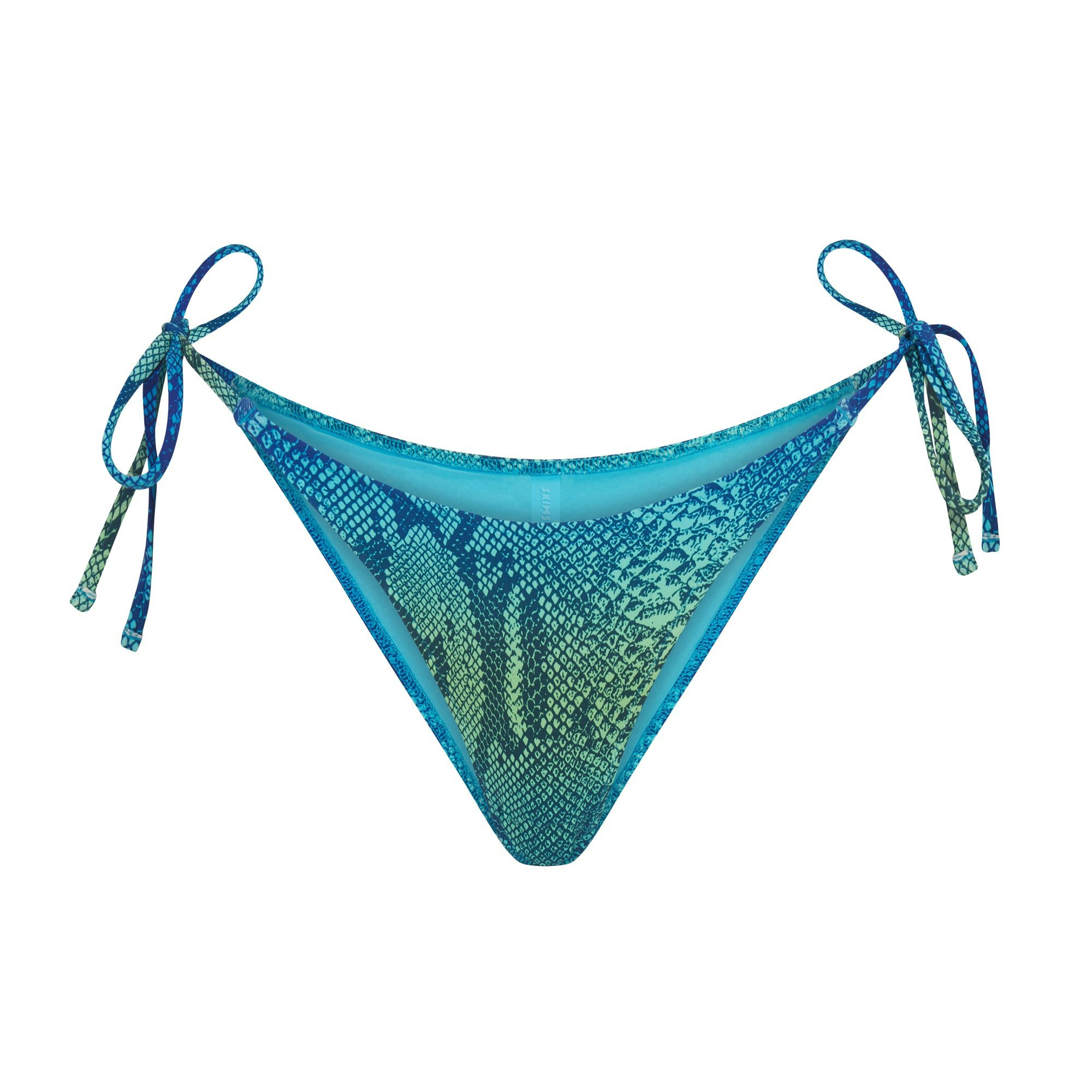 SIGNATURE SWIM DIPPED TIE BIKINI BOTTOM | AQUA OMBRE SNAKE LAYS FLAT ON A WHITE BACKGROUND | FLT