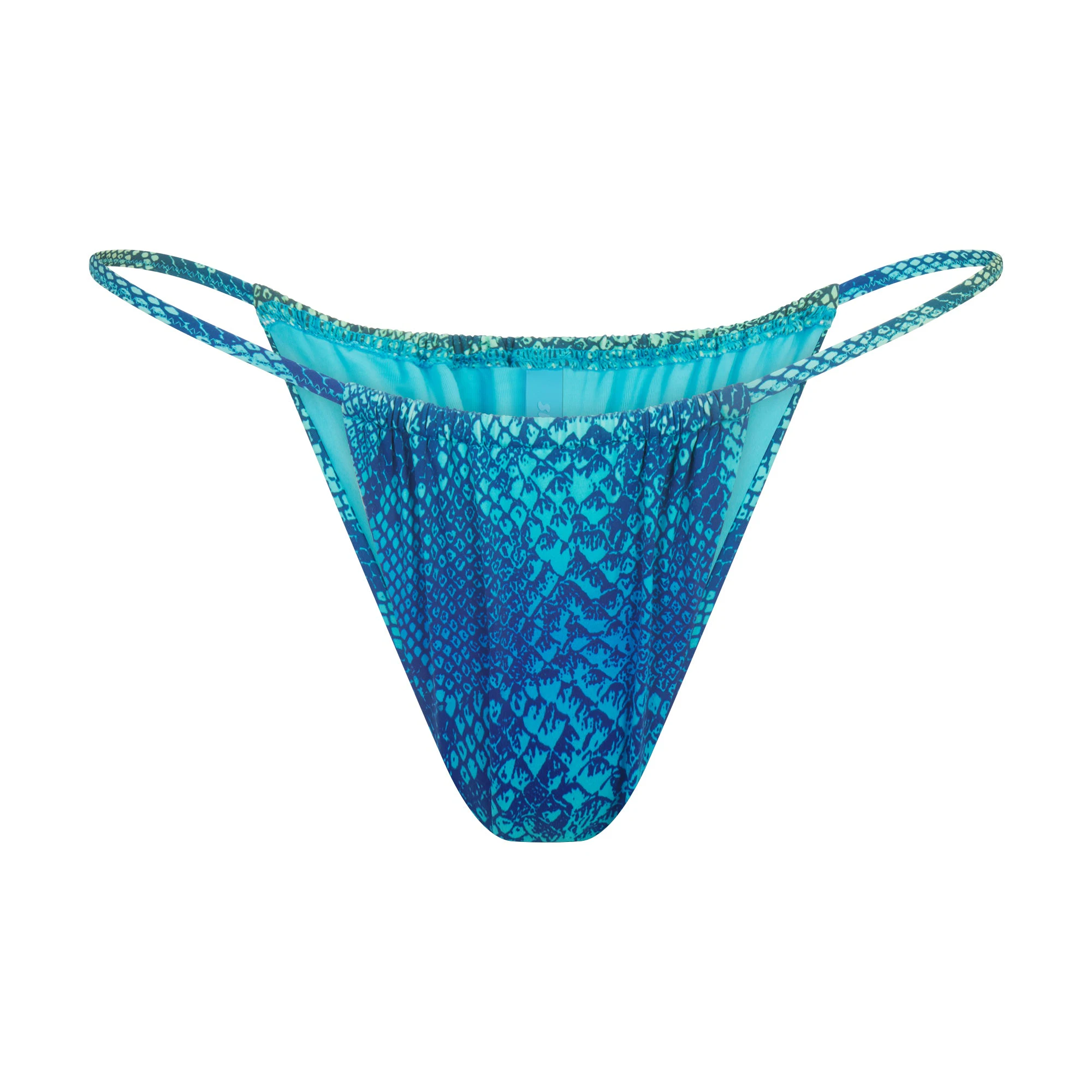SIGNATURE SWIM STRING BIKINI BOTTOM | AQUA OMBRE SNAKE LAYS FLAT ON A WHITE BACKGROUND | FLT