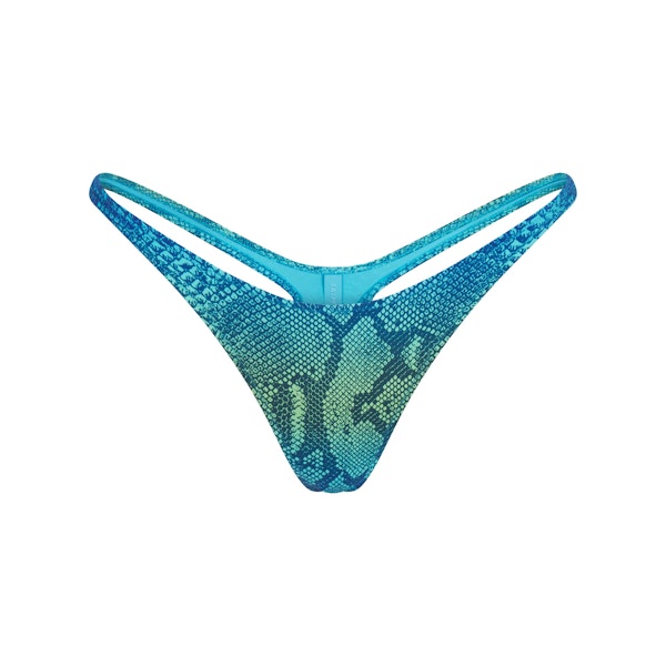 SIGNATURE SWIM THONG BIKINI BOTTOM | AQUA OMBRE SNAKE LAYS FLAT ON A WHITE BACKGROUND | FLT