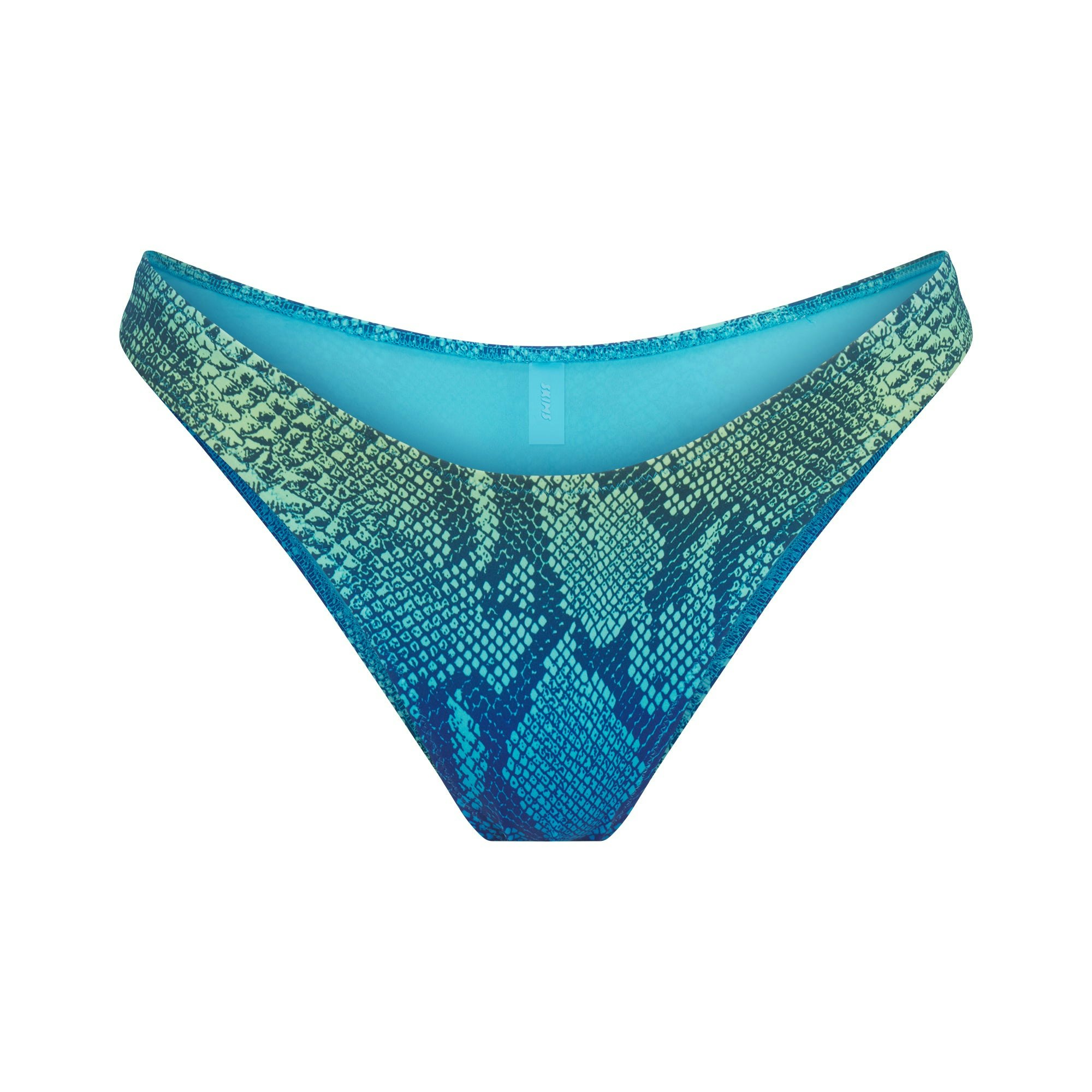 SIGNATURE SWIM TANGA BIKINI BOTTOM | AQUA OMBRE SNAKE LAYS FLAT ON A WHITE BACKGROUND | FLT