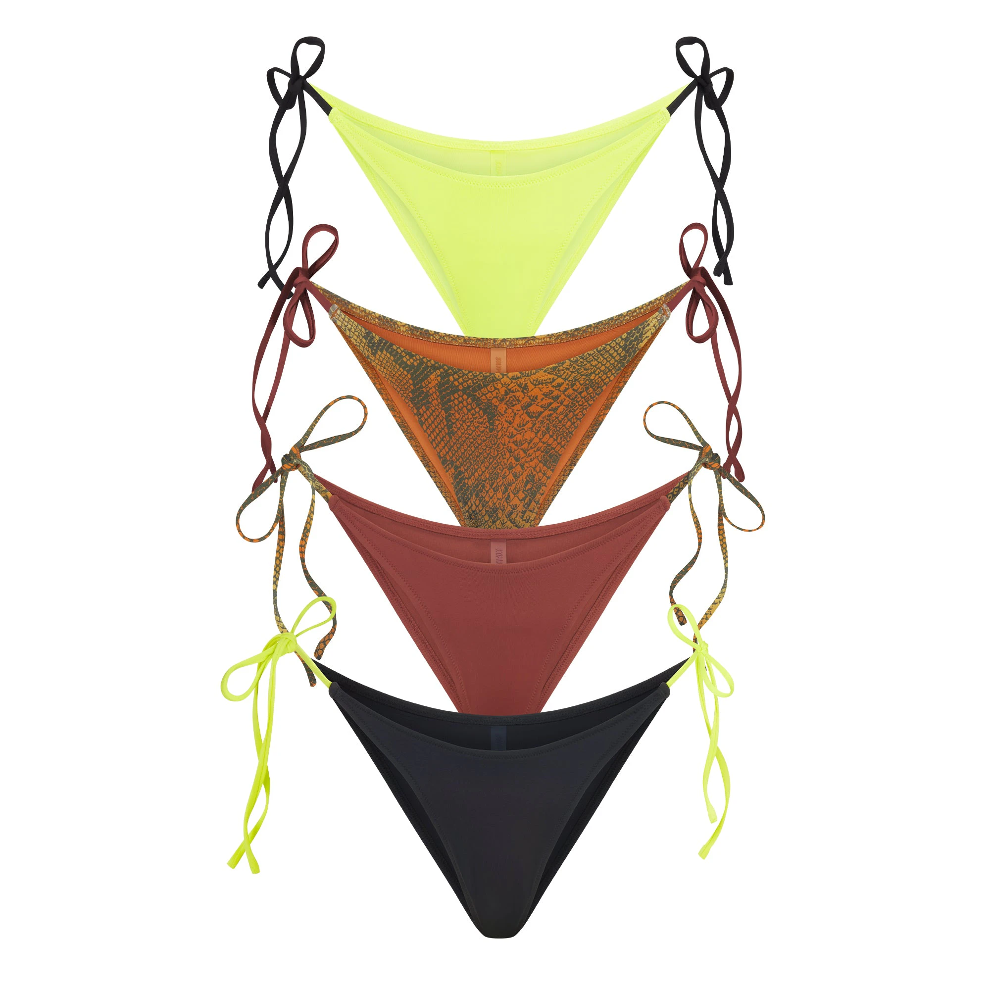 SIGNATURE SWIM DIPPED TIE BIKINI BOTTOM 4-PACK | OMBRE SNAKE MULTI LAYS FLAT ON A WHITE BACKGROUND @ | FOCUS: 0.0, 1.0, 0.9 | FLT