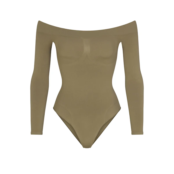 SEAMLESS SCULPT OFF THE SHOULDER BRIEF BODYSUIT | ARMY FLAT ON A WHITE BACKGROUND | FLT