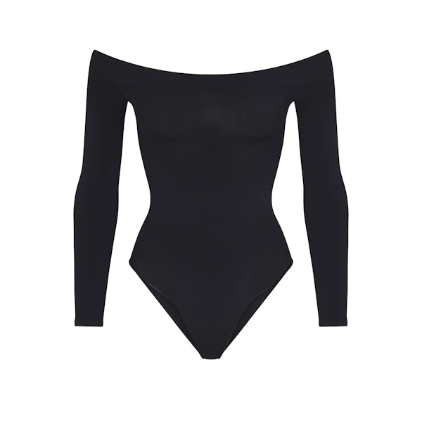 SEAMLESS SCULPT OFF THE SHOULDER BRIEF BODYSUIT | ONYX FLAT ON A WHITE BACKGROUND | FLT