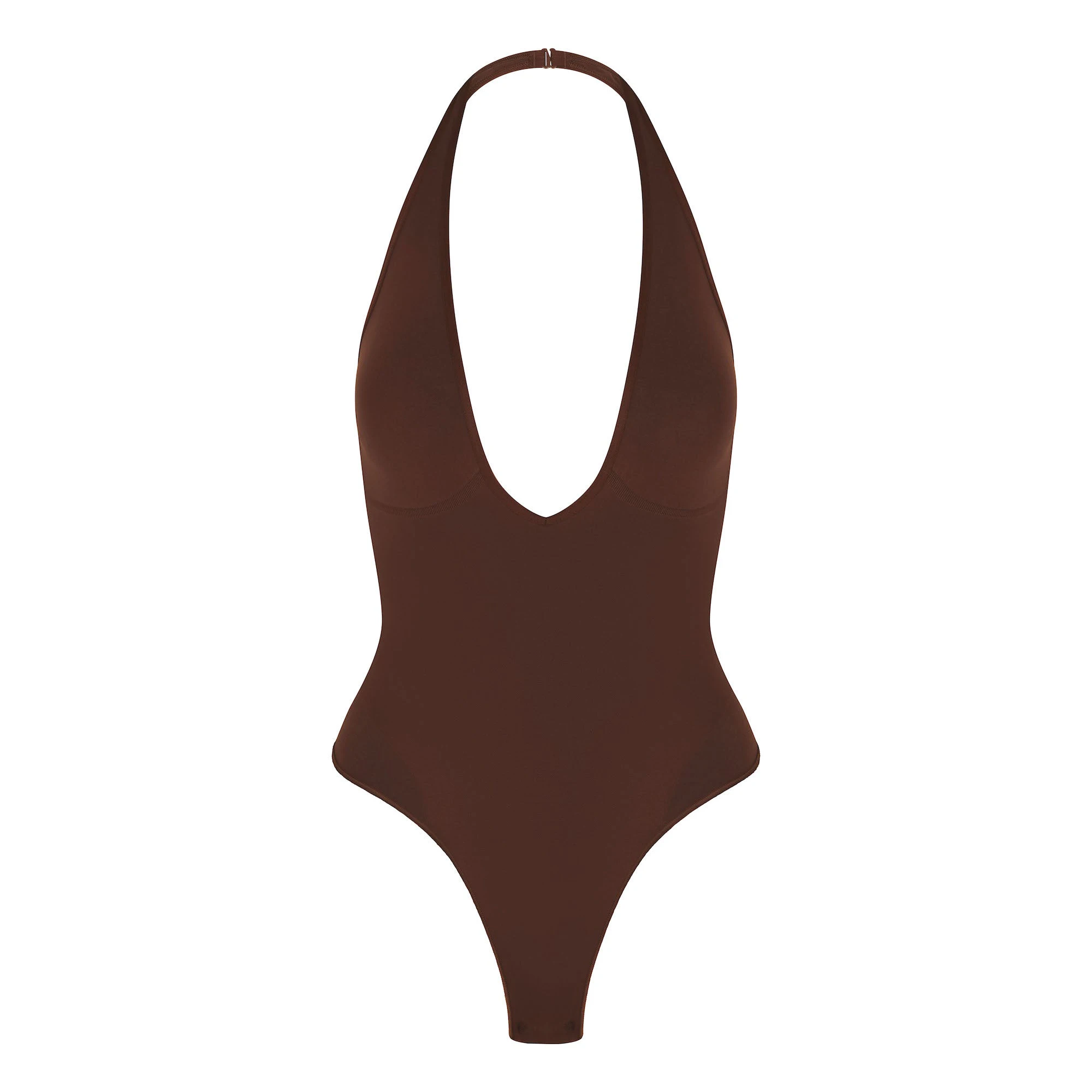 SEAMLESS SCULPT DEEP PLUNGE THONG BODYSUIT | COCOA FLAT ON A WHITE BACKGROUND | FLT