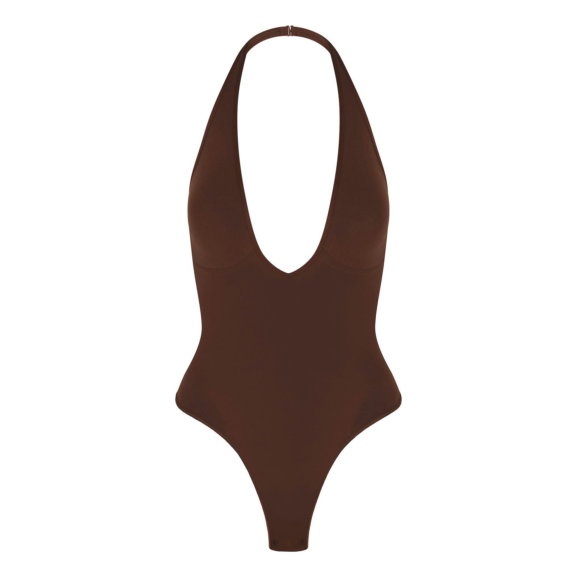 SEAMLESS SCULPT DEEP PLUNGE THONG BODYSUIT | COCOA FLAT ON A WHITE BACKGROUND | FLT