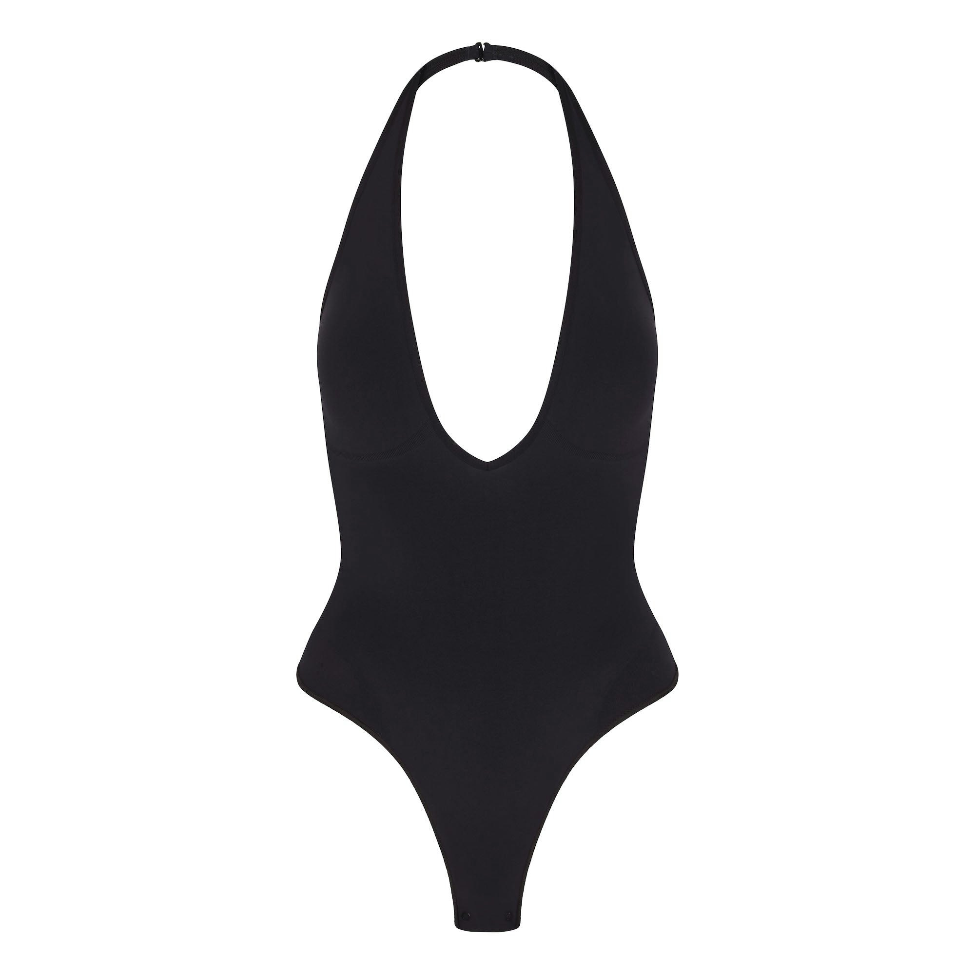 SEAMLESS SCULPT DEEP PLUNGE THONG BODYSUIT | ONYX FLAT ON A WHITE BACKGROUND | FLT