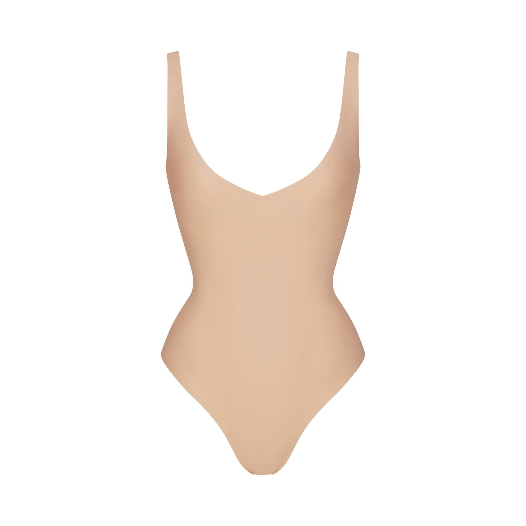 SKIMS BODY UNLINED PLUNGE THONG BODYSUIT | CLAY (SHAPEWEAR BODYSUITS, SHAPEWEAR) LAYS FLAT ON A WHITE BACKGROUND | FLT