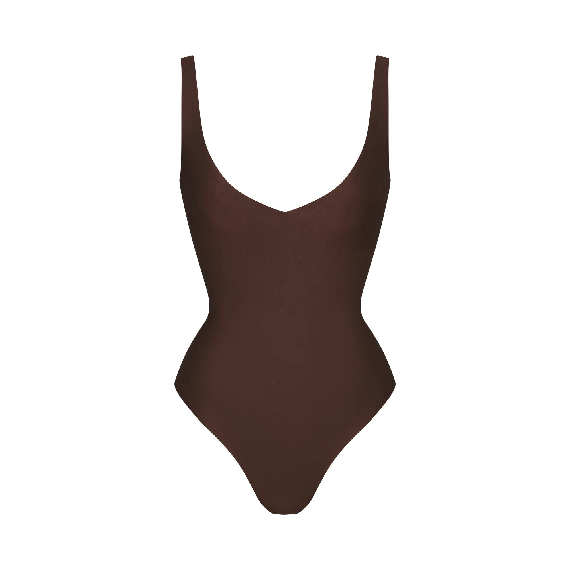 SKIMS BODY UNLINED PLUNGE THONG BODYSUIT | COCOA (SHAPEWEAR BODYSUITS, SHAPEWEAR) LAYS FLAT ON A WHITE BACKGROUND | FLT