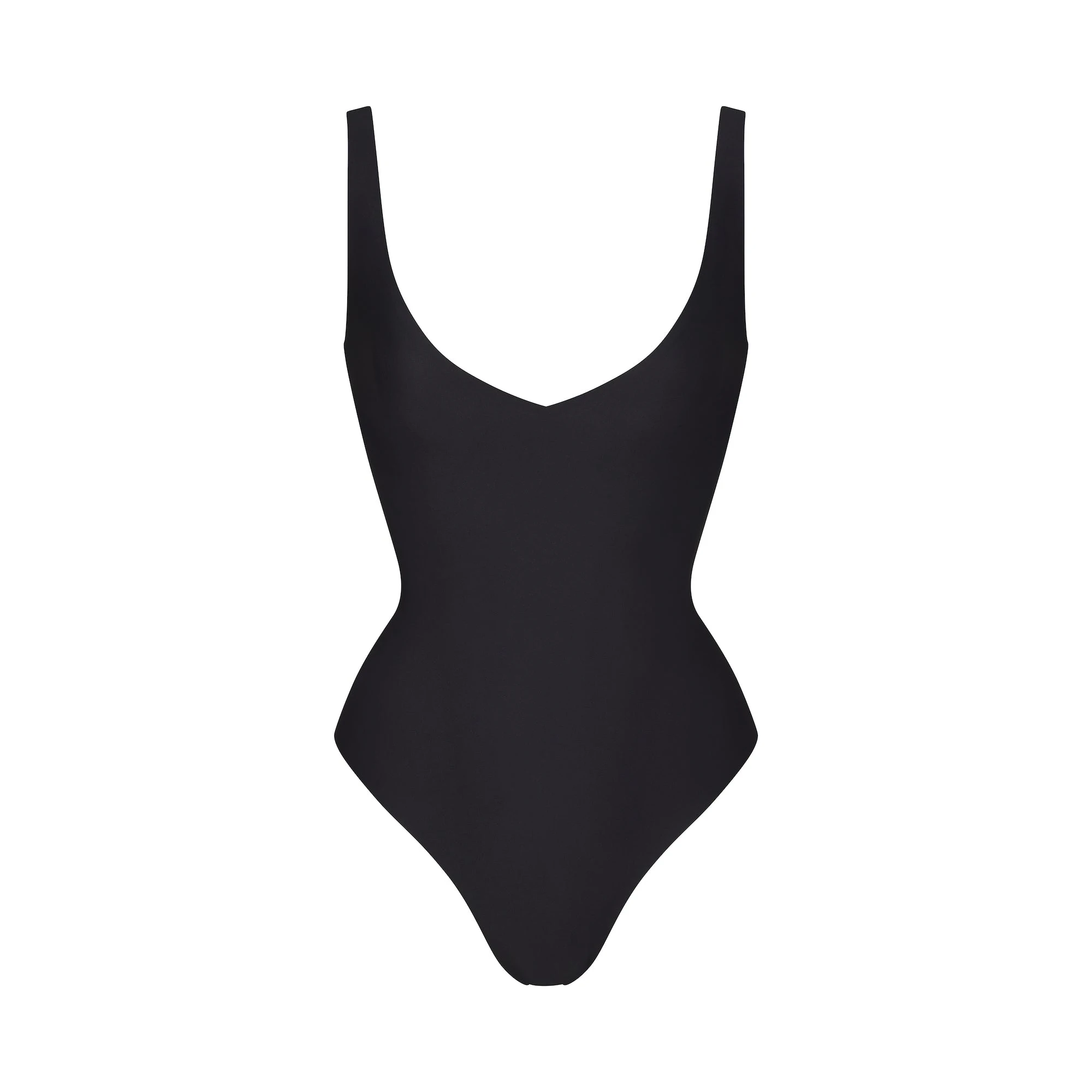 SKIMS BODY UNLINED PLUNGE THONG BODYSUIT | ONYX (SHAPEWEAR BODYSUITS, SHAPEWEAR) LAYS FLAT ON A WHITE BACKGROUND | FLT