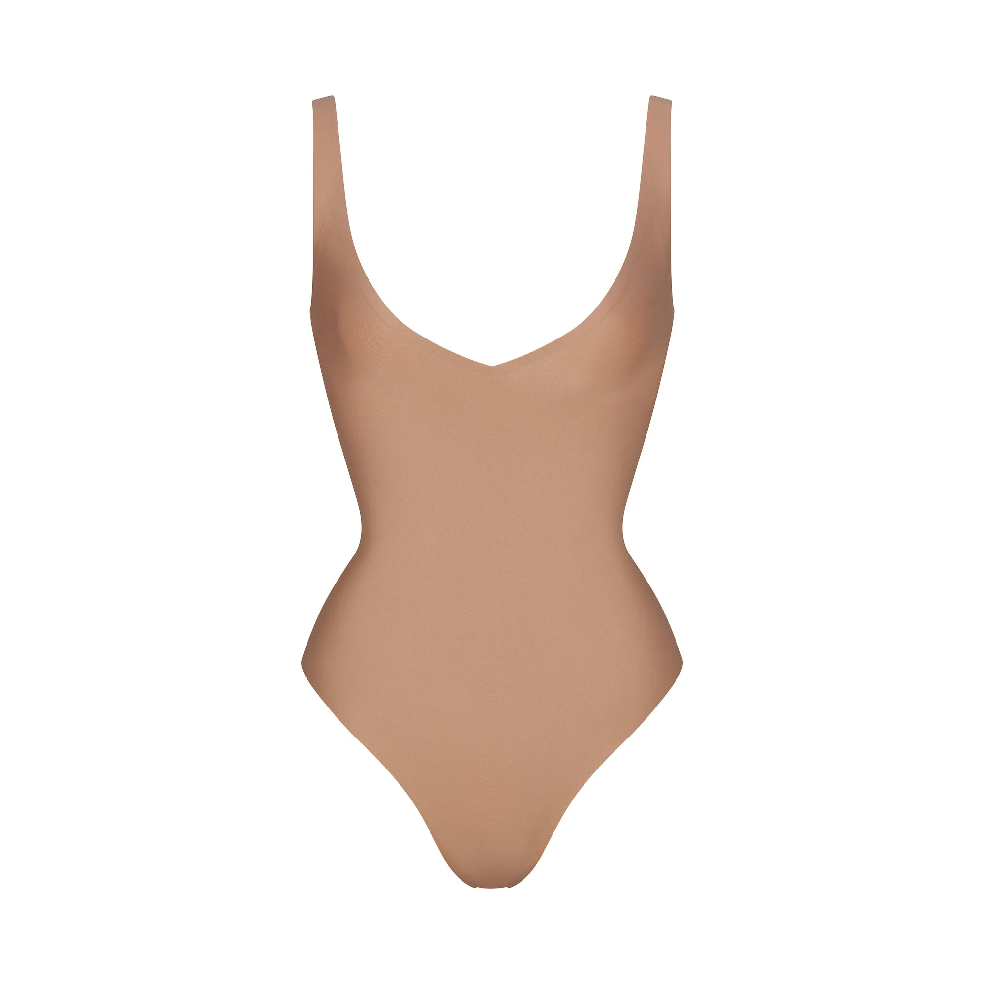 SKIMS BODY UNLINED PLUNGE THONG BODYSUIT | SIENNA (SHAPEWEAR BODYSUITS, SHAPEWEAR) LAYS FLAT ON A WHITE BACKGROUND | FLT