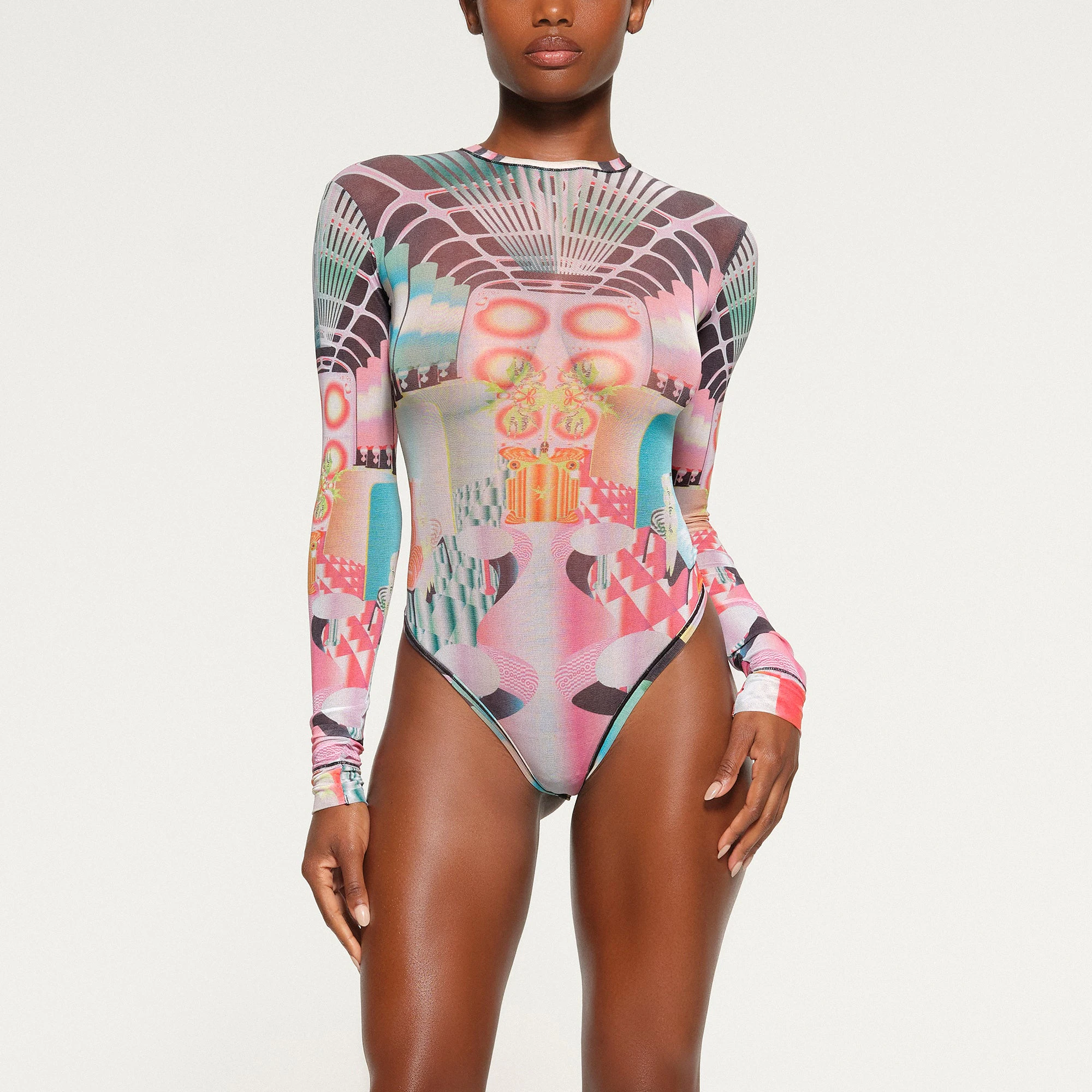 SUMMER MESH LONG SLEEVE THONG BODYSUIT WORN BY A MODEL IN FRONT VIEW