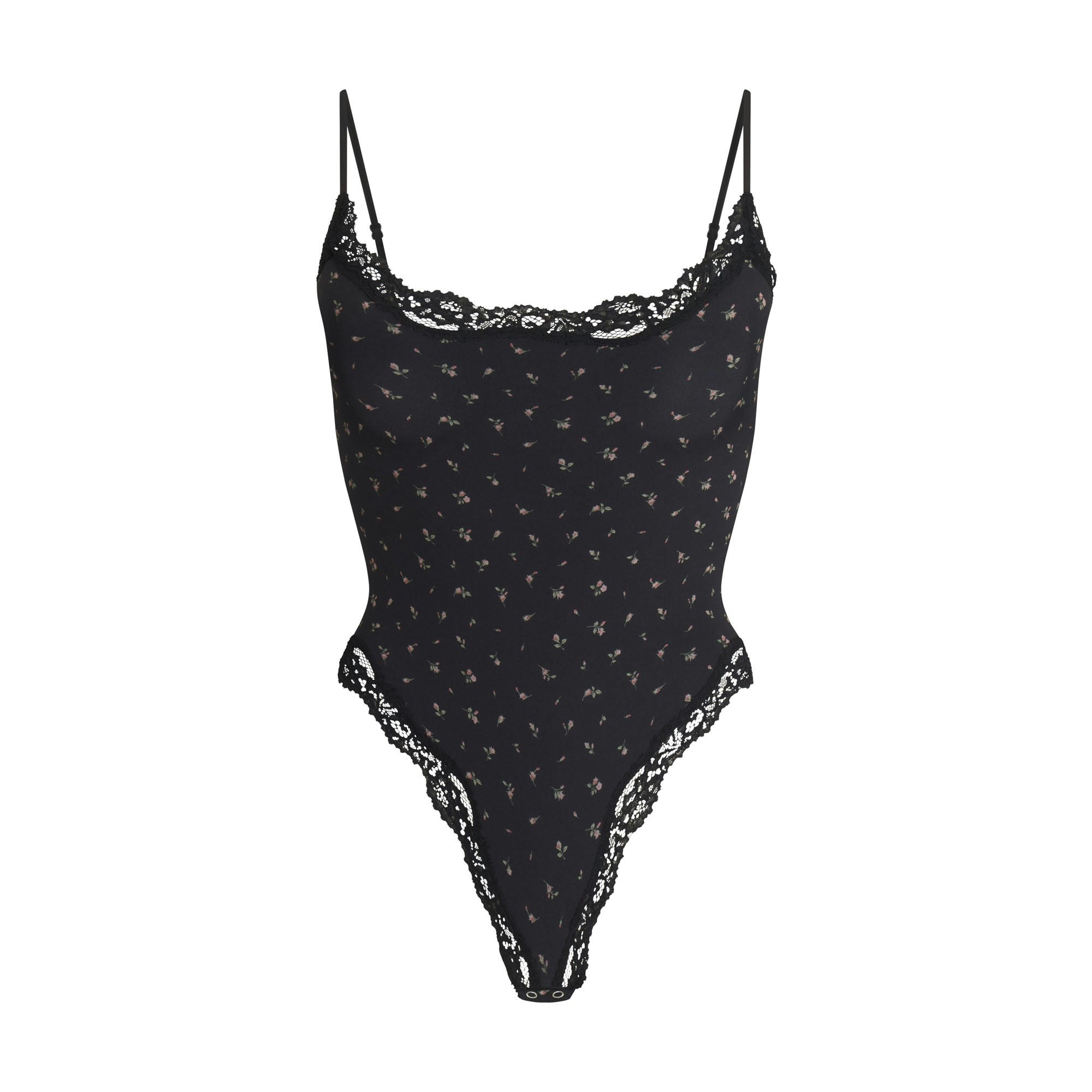 FITS EVERYBODY LACE CAMI BODYSUIT | ONYX ROSEBUD PRINT FLAT ON A WHITE BACKGROUND | FLT