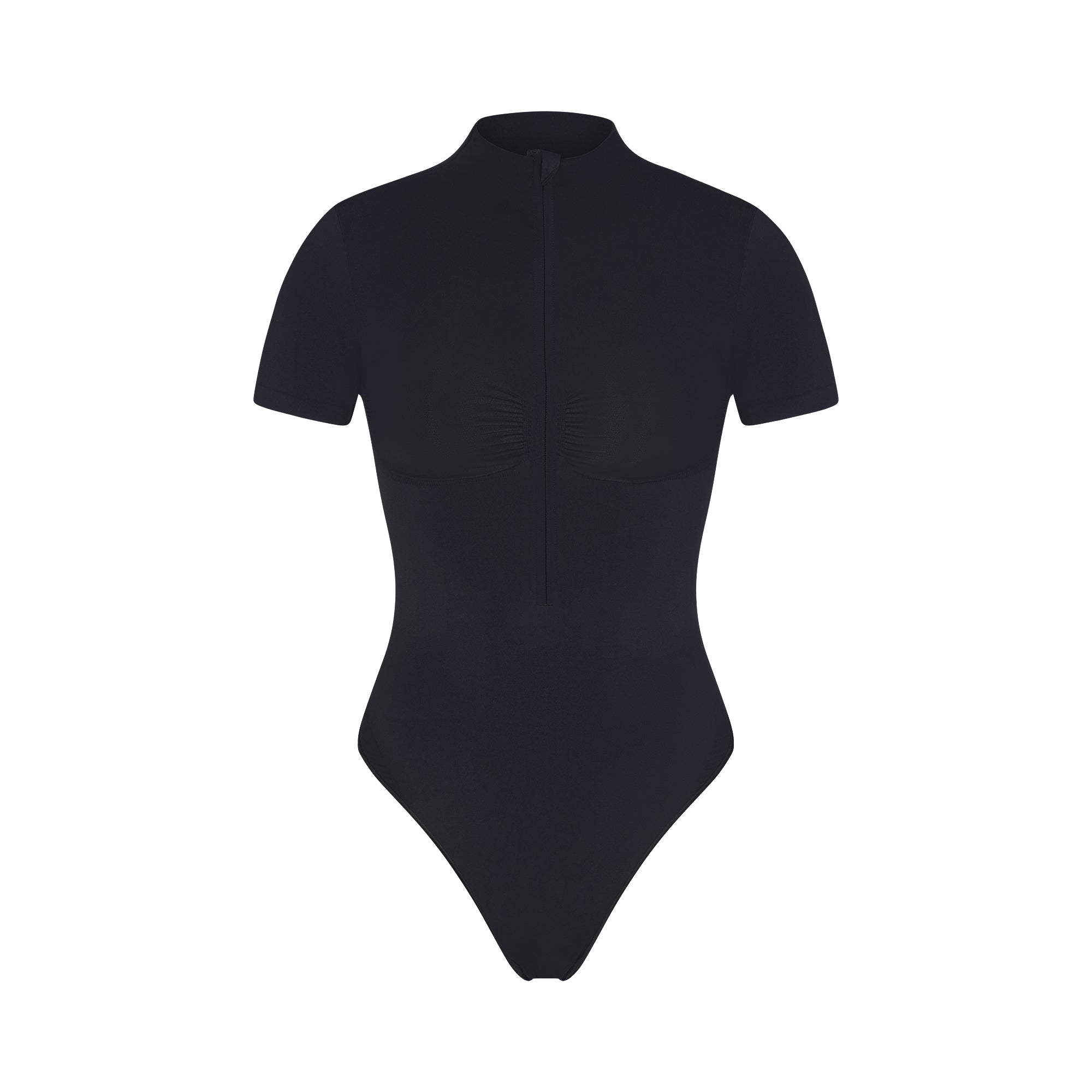 SEAMLESS SCULPT ZIP FRONT T-SHIRT THONG BODYSUIT | ONYX