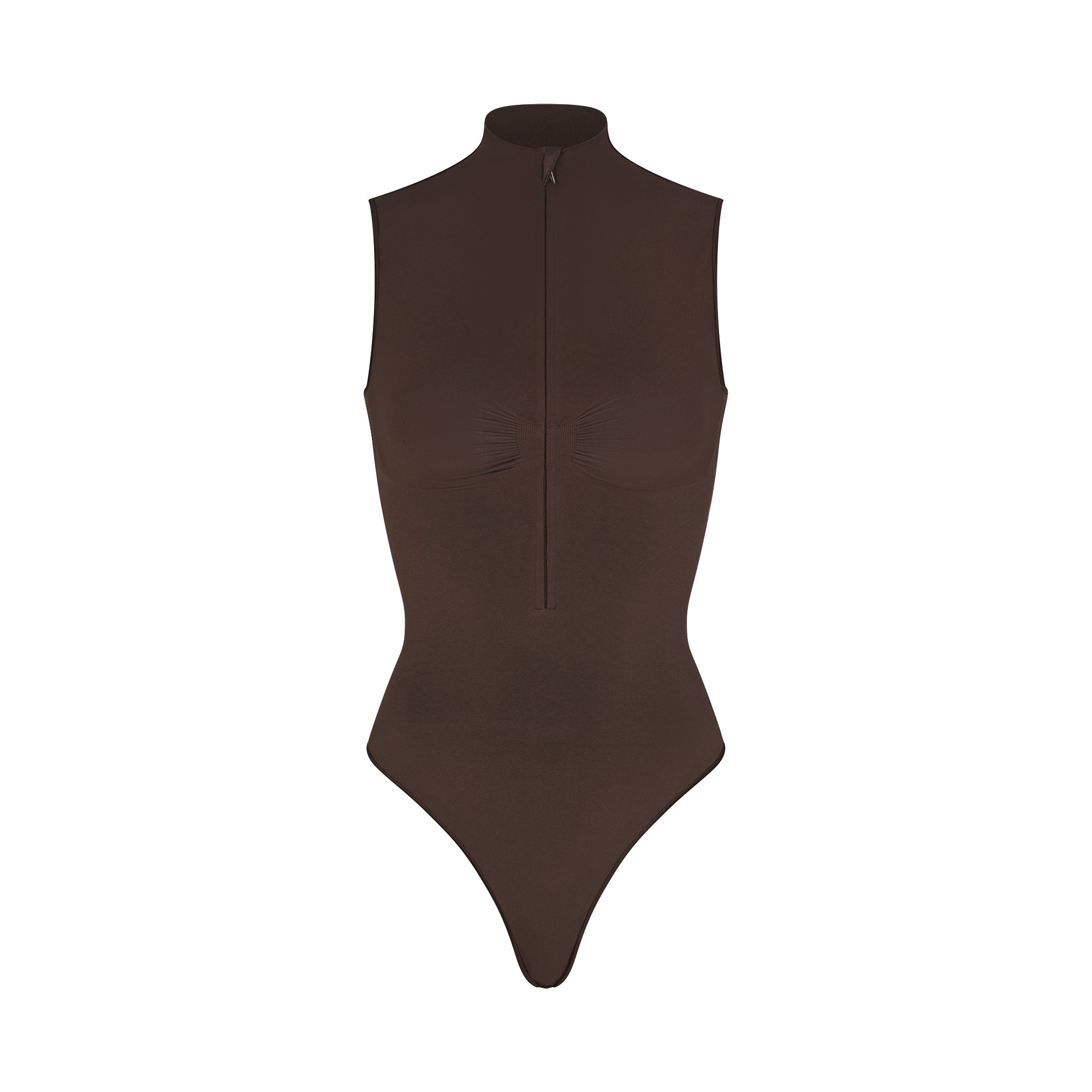 SEAMLESS SCULPT ZIP FRONT SLEEVELESS THONG BODYSUIT | ESPRESSO | XXS