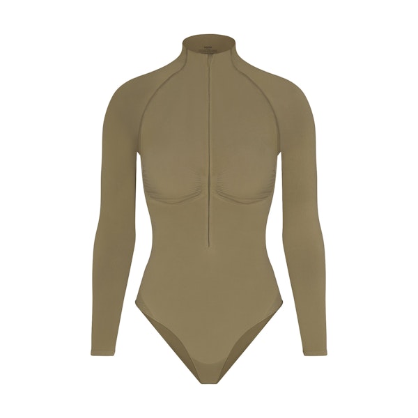 SEAMLESS SCULPT HALF ZIP LONG SLEEVE THONG BODYSUIT | ARMY FLAT ON A WHITE BACKGROUND | FLT