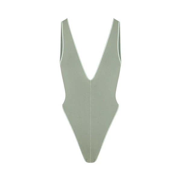 SEAMLESS MODAL DEEP PLUNGE BODYSUIT | MINERAL (BODYSUITS) FLAT ON A WHITE BACKGROUND | FLT