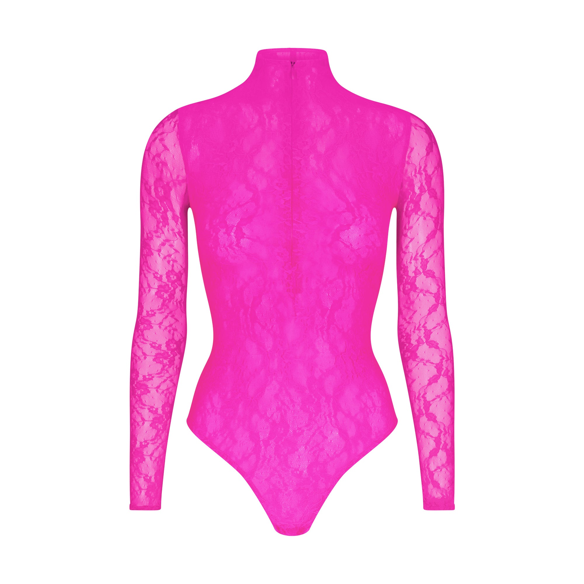 STRETCH LACE LINED LONG SLEEVE THONG BODYSUIT NEON PINK