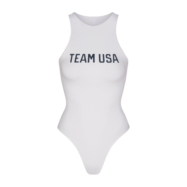 SKIMS FOR TEAM USA COTTON JERSEY OLYMPIC HIGH NECK BODYSUIT | WHITE (BODYSUITS, BODYSUITS) FLAT ON A WHITE BACKGROUND | FLT