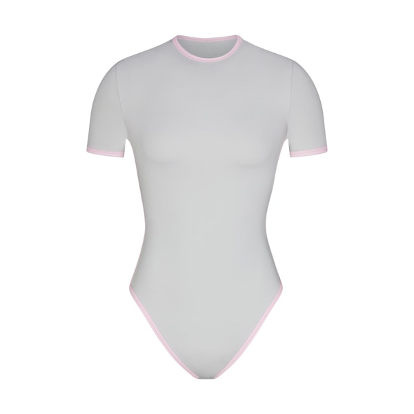FITS EVERYBODY CONTRAST TRIM T-SHIRT BODYSUIT | PLATINUM (BODYSUITS, BODYSUITS) FLAT ON A WHITE BACKGROUND | FLT