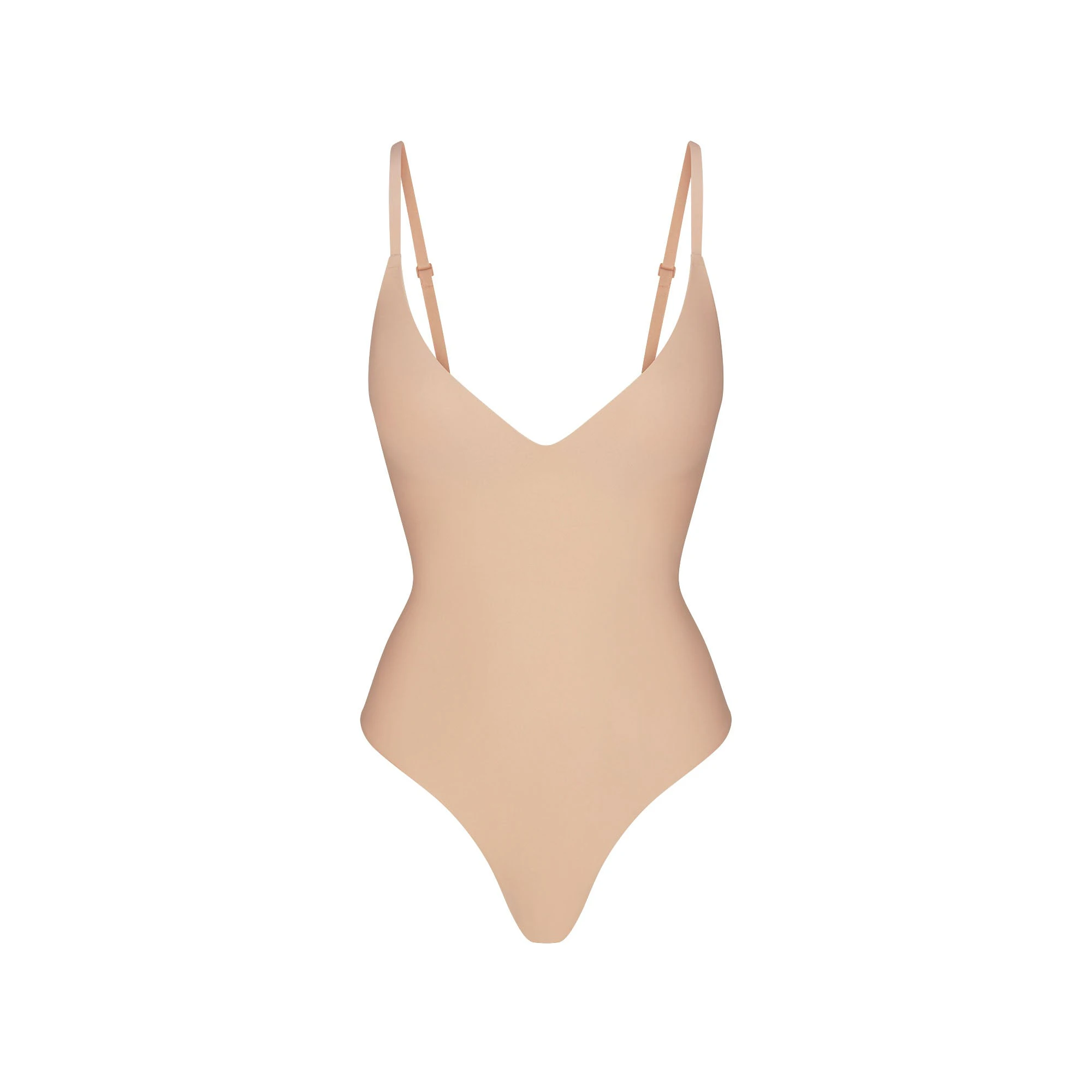 SKIMS BODY PUSH-UP THONG BODYSUIT | CLAY (SHAPEWEAR BODYSUITS, SHAPEWEAR) FLAT ON A WHITE BACKGROUND | FLT